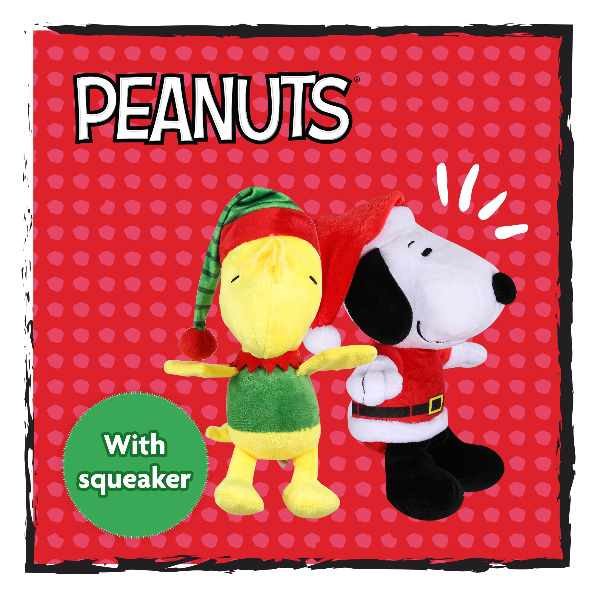 PEANUTS for Pets 9 Inch Holiday Snoopy & Woodstock Big Head Plush Dog Toys with Squeaker | 2 Piece Squeaky Dog Toy Set, Santa Sn
