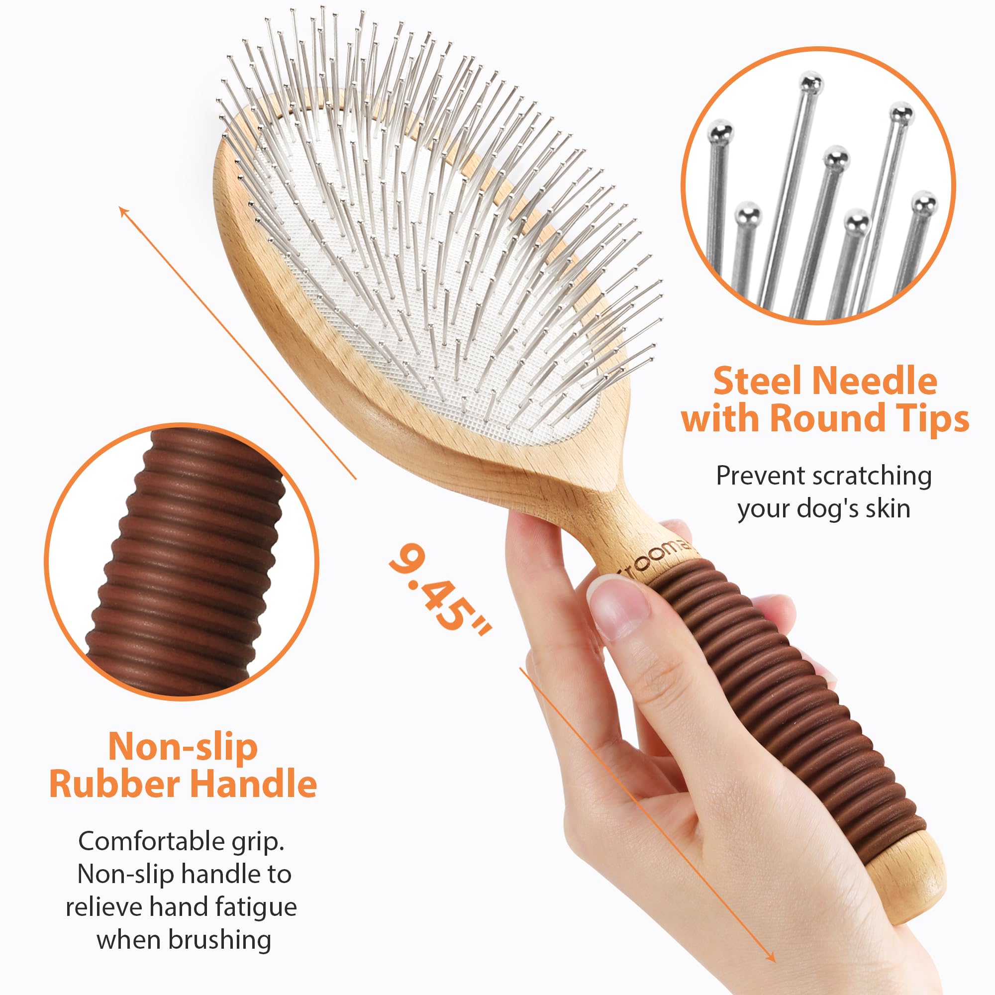 GROOMAGE Dog Brush for Long Haired Dogs - 27mm Extra Long Pin, Beech Wood, Non-Slip Handle, Round-Tipped Pins
