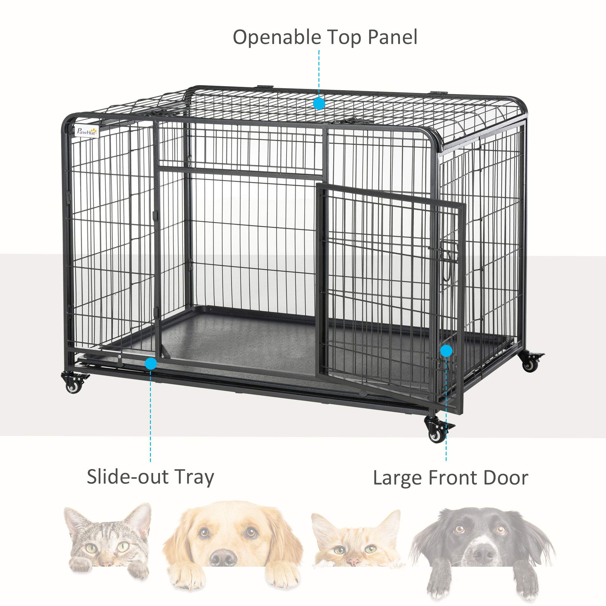 Pawhut Metal Dog Cage Kennel Locking Door & Wheels Removable Tray Openable Top For Extra Large Pets 125 X 76 X 81 Cm