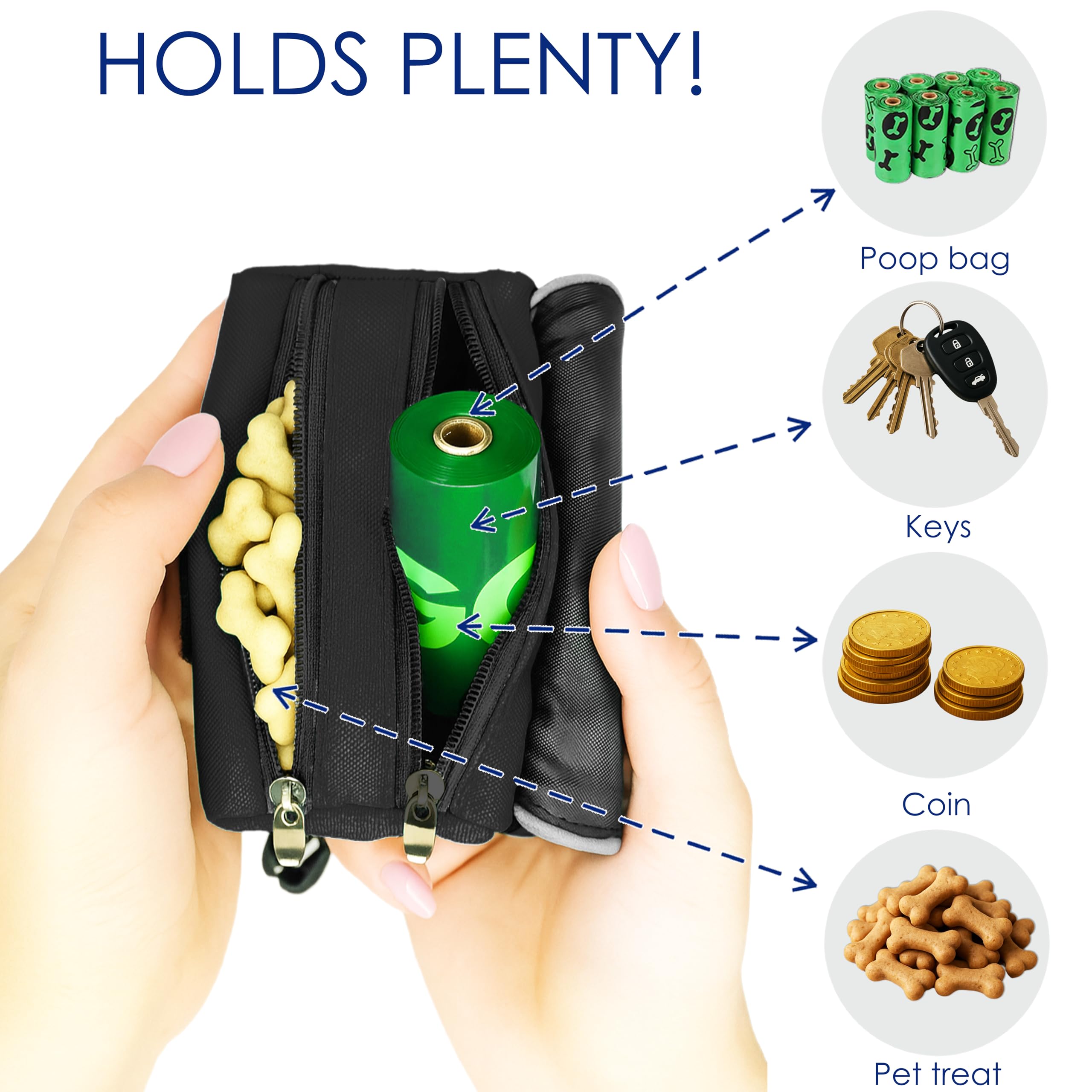 Dog Poop Bag Holder for Leash, 2 Waterproof Zipper Pouches, Dog Treat Pouch for Pet Walking Accessories, with Dispenser, Trainin