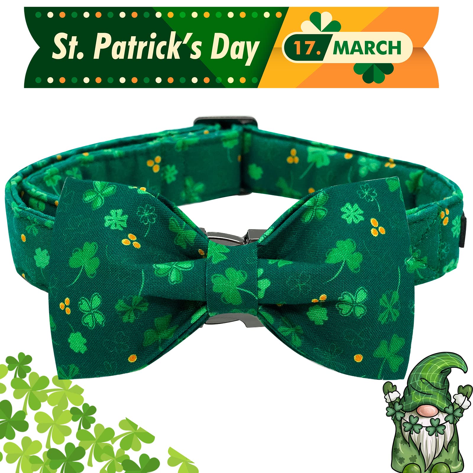 Elegant Little Tail St. Patrick'S Day Dog Collar With Bow - Green Clover Pet Gift Bowtie Adjustable For Medium Dogs