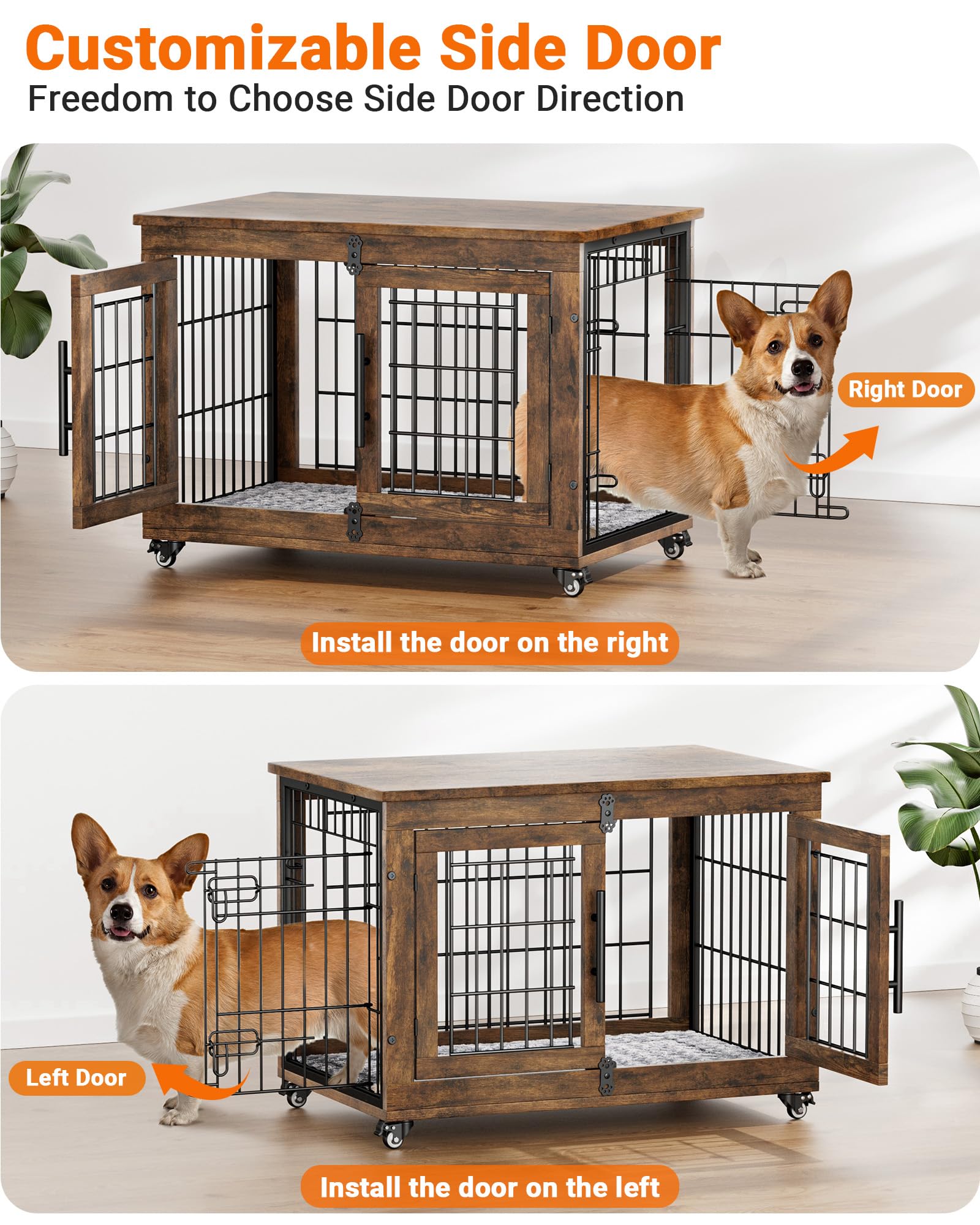 Dog Crate Furniture with Cushion, Wooden Dog Kennel Indoor with Double Doors, Dog Cage with Wheels, Dog House Side End Table for