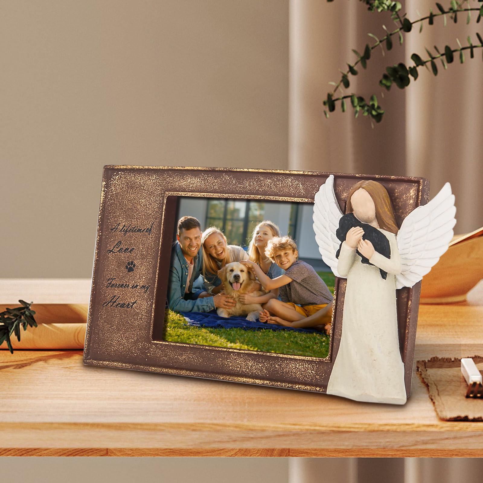 Symbullize Pet Memorial Frame With Guardian Angel Sculpture - Handcrafted Resin 4X3 Inch Photo Display For Dogs & Cats, Memorial