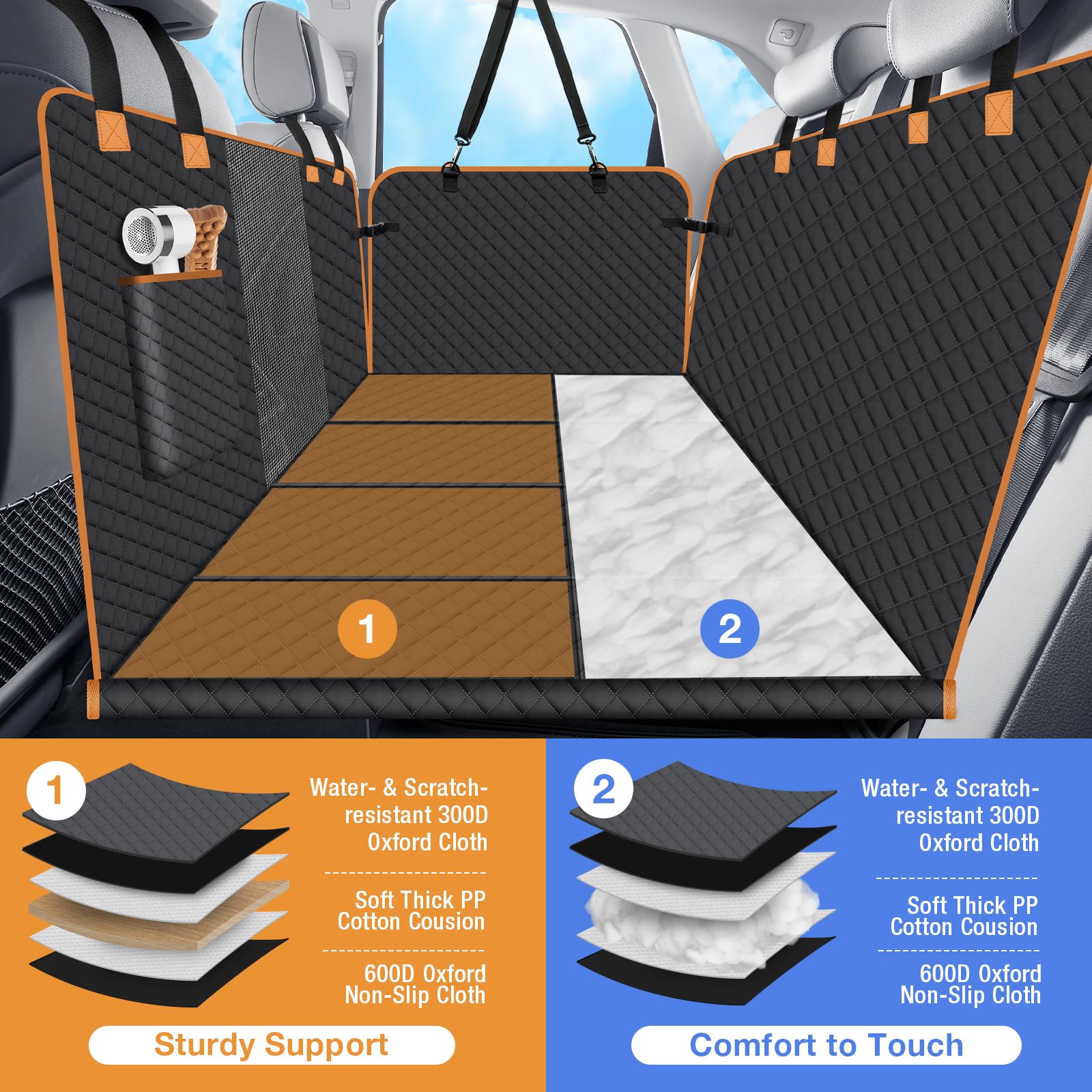 Lekespring Dog Car Seat Cover For Back Seat, Dog Car Bed Cover With Strong Hard Bottom 4 Panels, Car Back Seat Extender Hammock