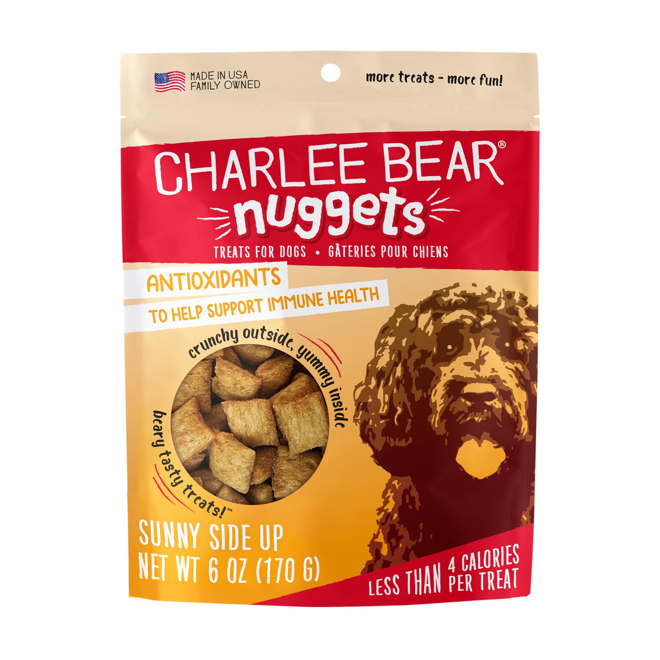 Charlee Bear Nuggets Crunchy and Soft Dog Treats, Sunny Side Up, 6 Ounce Resealable Bag, Immune Health Support, Grain Free, Low 