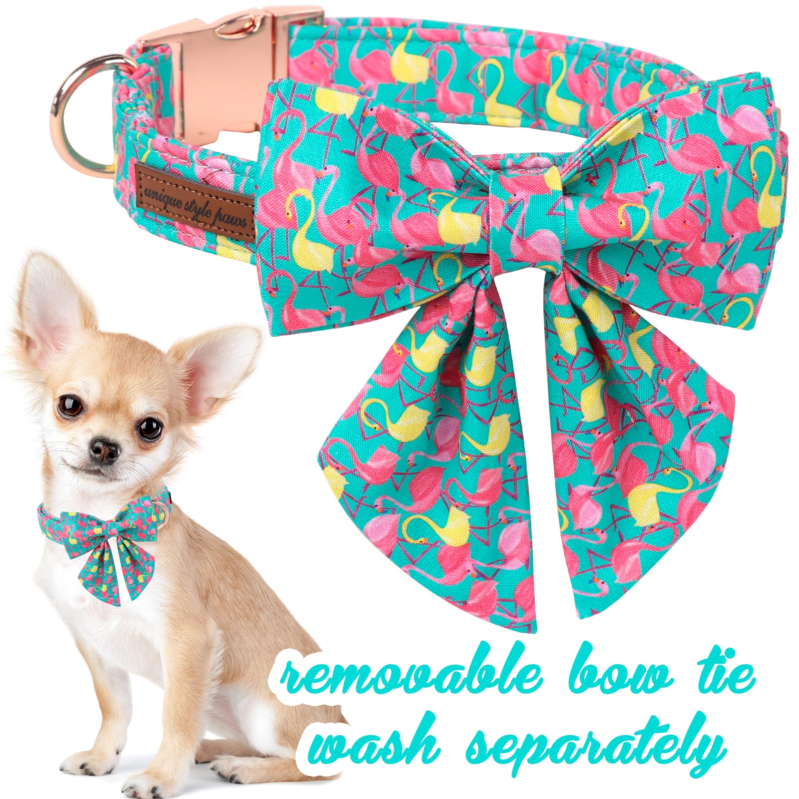 Unique Style Paws Dog Collar With Bowtie, Cute Flamingo Dog Collars Adjustable Puppy Collar For Small,Medium,Large Dogs