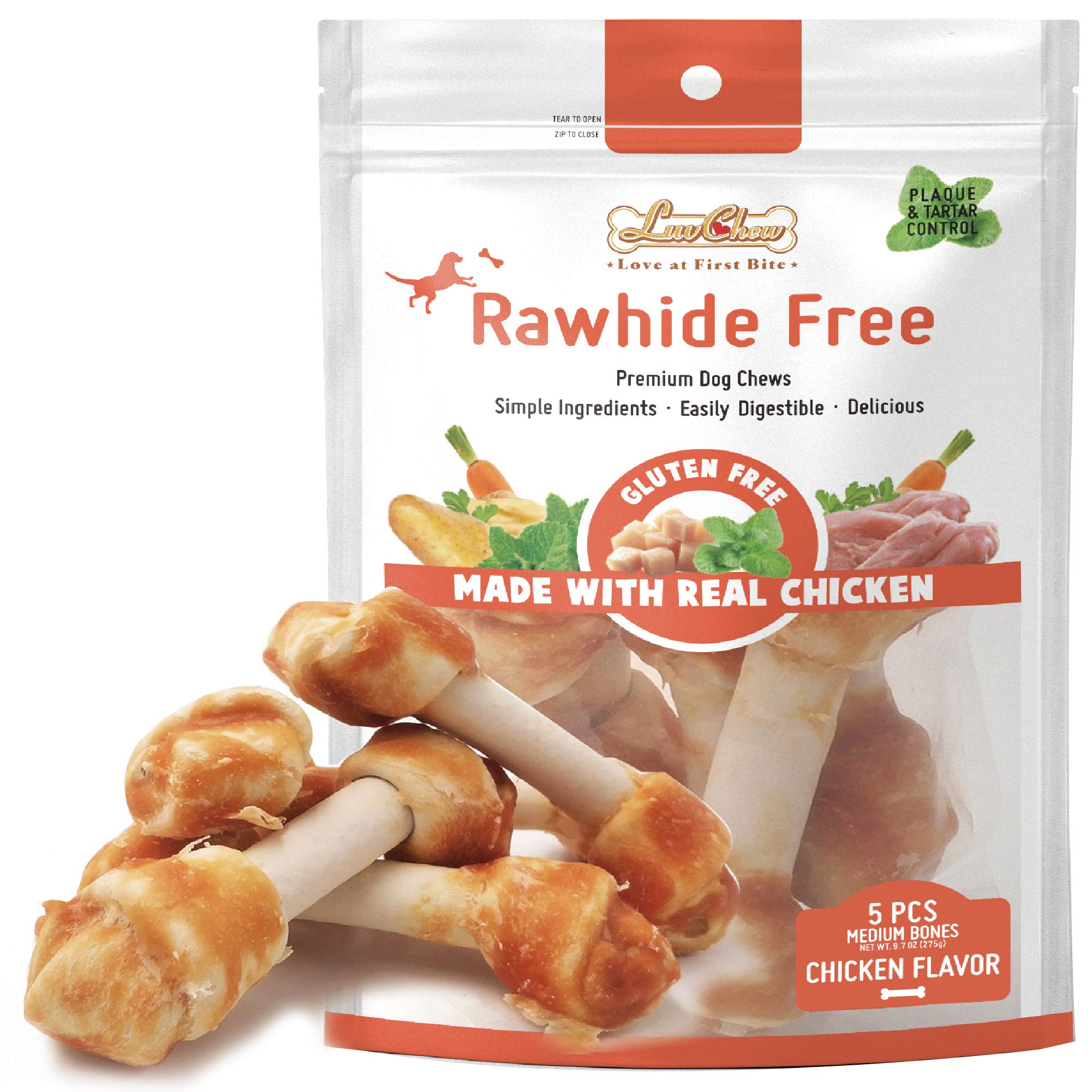 LuvChew Chicken Dog Chew Bones Medium, Rawhide Free, Grain Free, Made with Real Chicken & Wholesome Vegetables, Knotted Bones Me