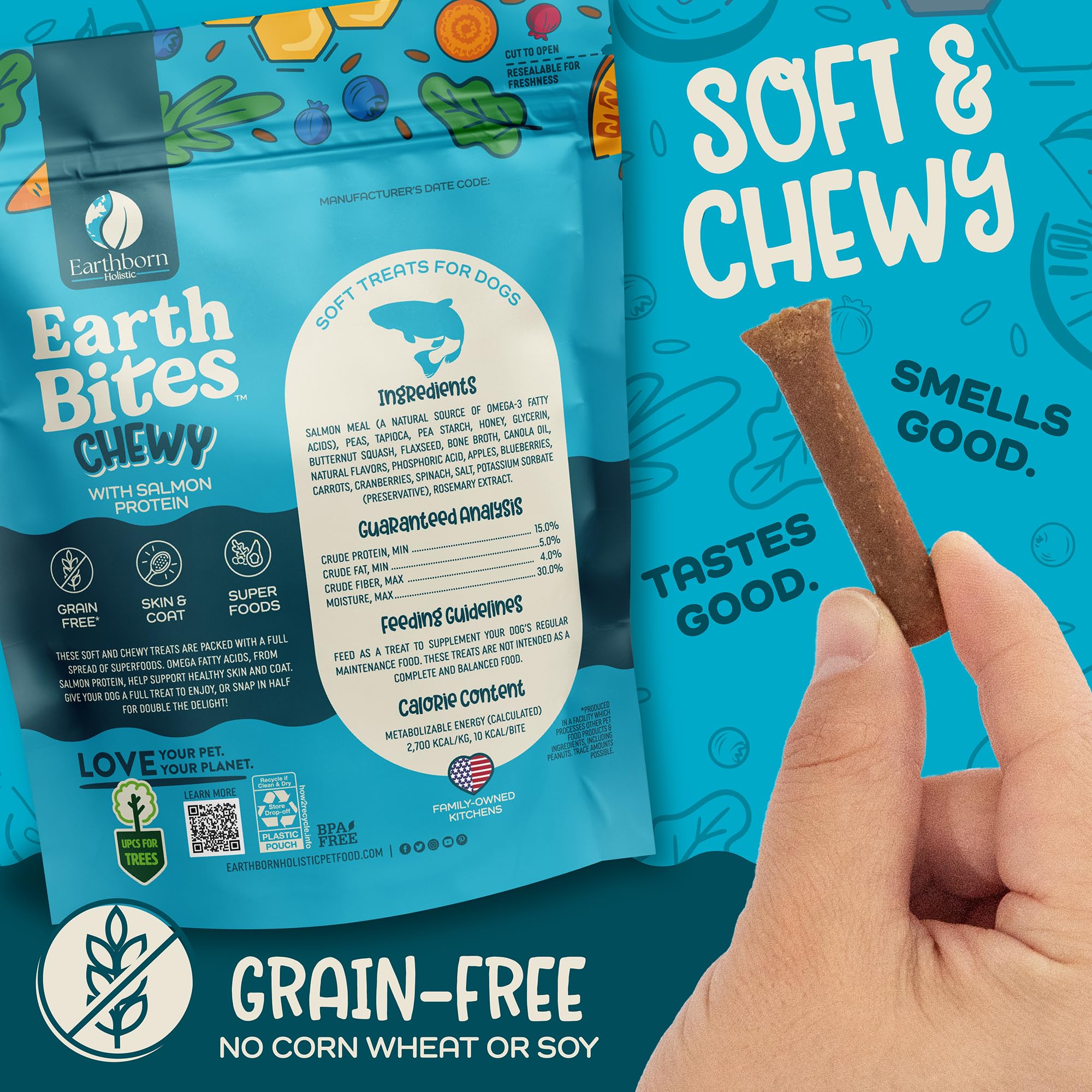 Earthborn Holistic EarthBites with Salmon Grain-Free Soft Treats for Dogs & Puppies, Skin & Coat (7 oz. Pouch)