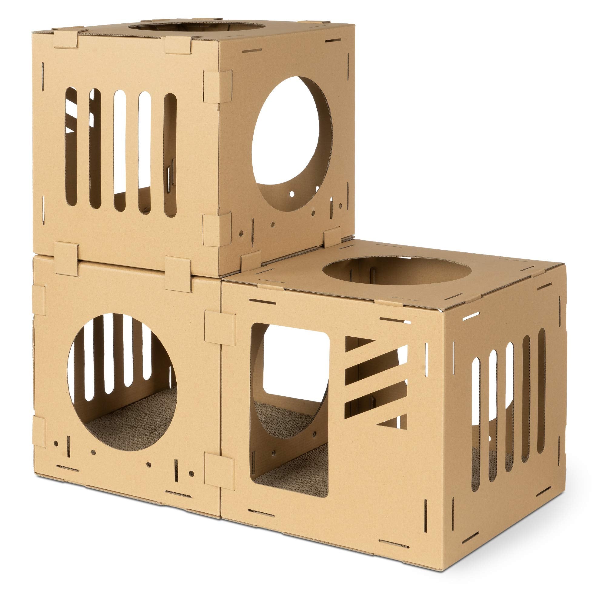Navaris Modular Cardboard Cat House - Diy Corrugated Cardboard Configurable Play Tower Condo For Small Cats, Kittens, Rabbits - 3 Cubes