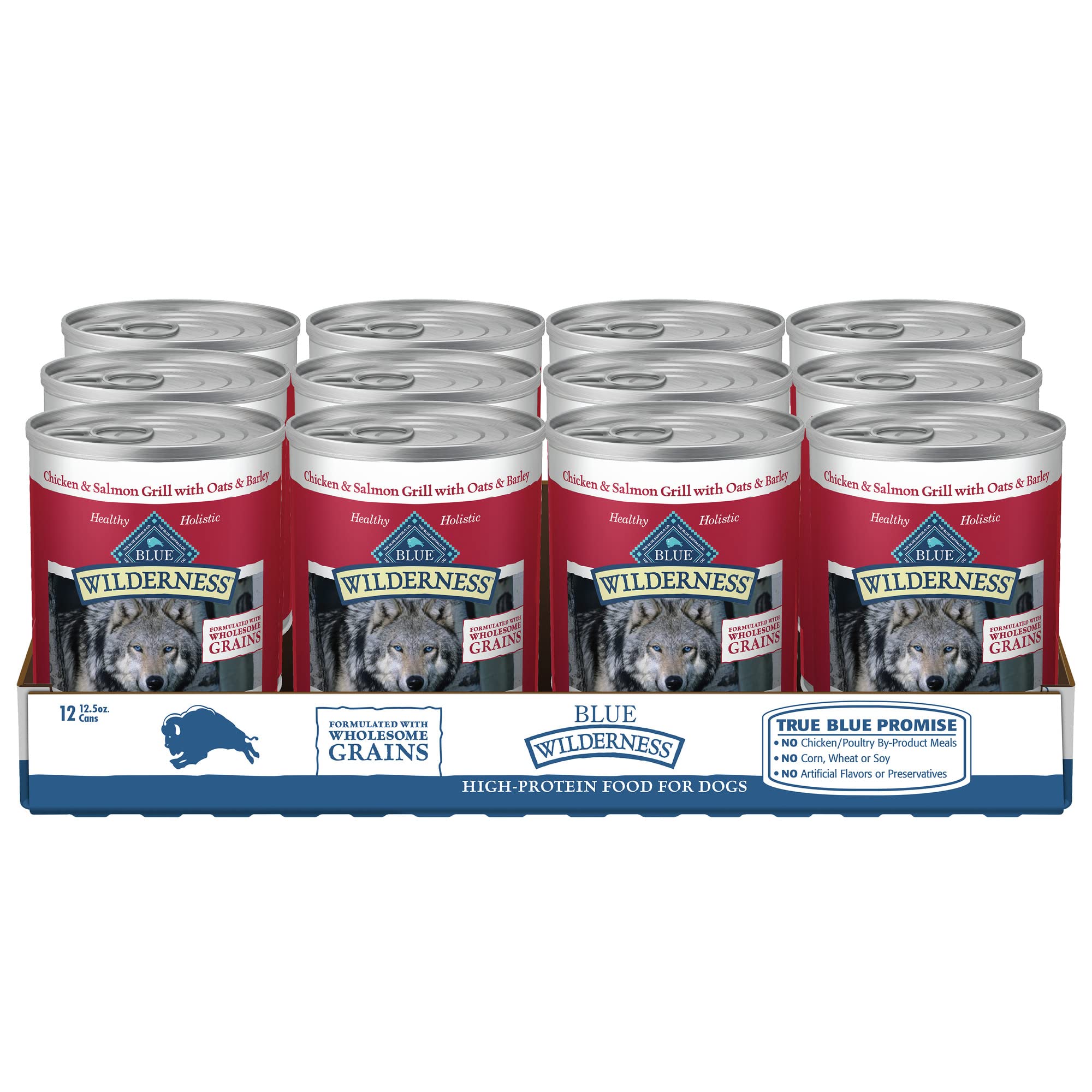Blue Buffalo Wilderness High Protein Natural Adult Wet Dog Food Plus Wholesome Grains, Chicken & Salmon Grill 12.5-oz Cans (Pack