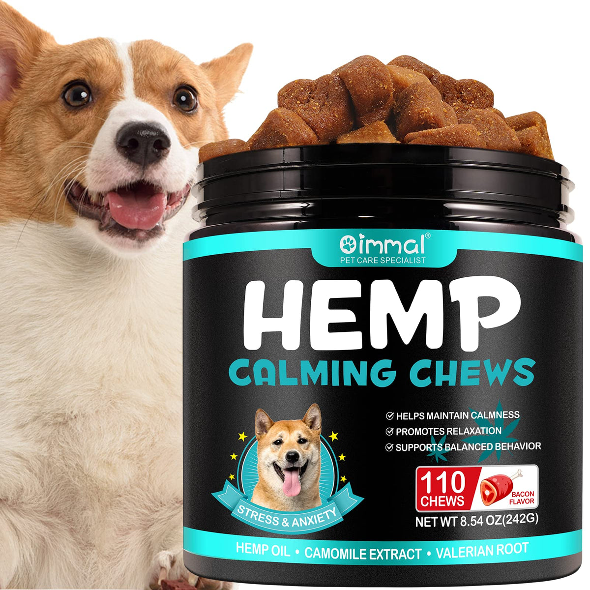 Oimmal Hemp Calming Chews For Dogs - Calming Treats For Dogs With Hemp + Valerian Root, Stress & Dog Anxiety Relief - Calming Do