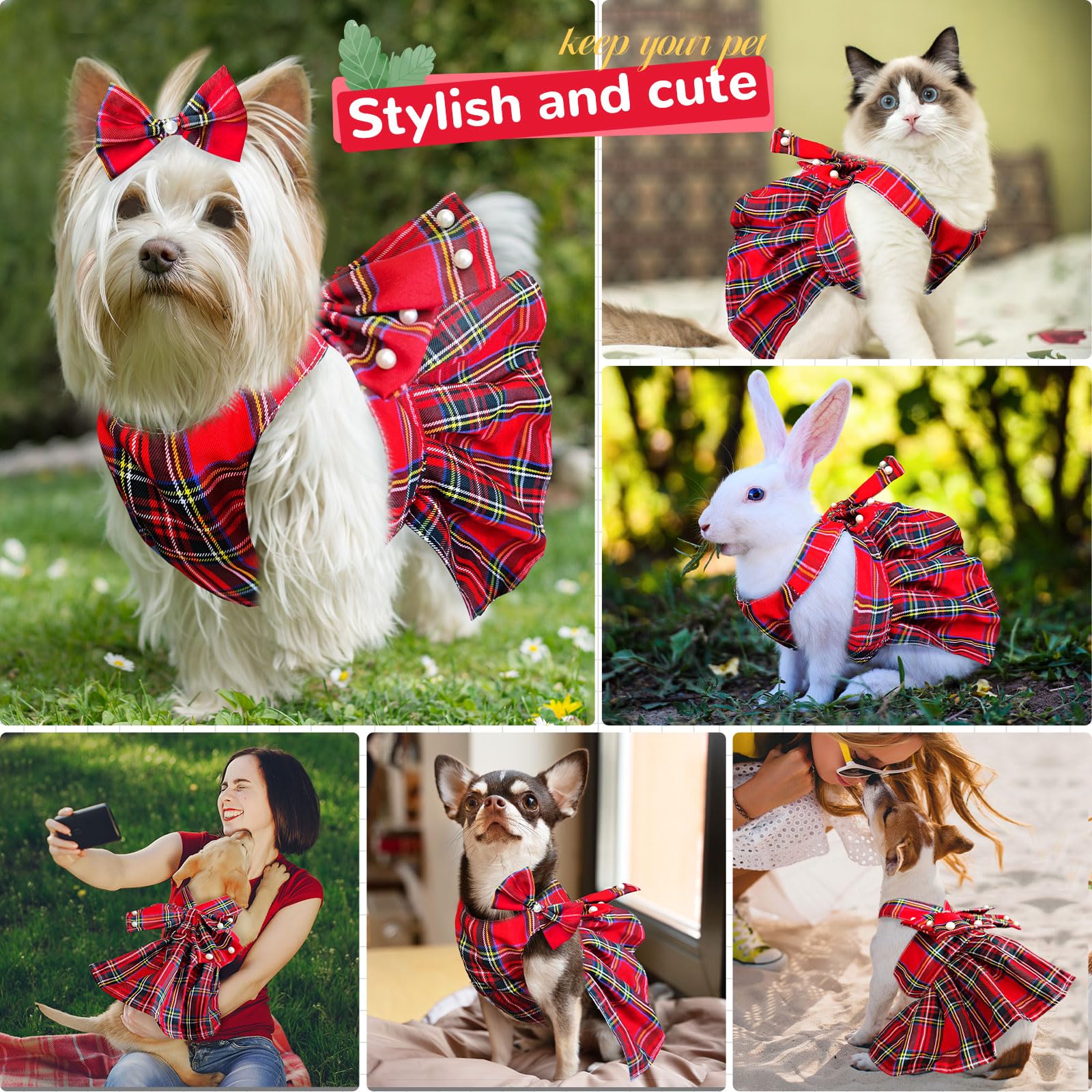 Petcare Cute Dog Dress Clothes For Small Dogs Cats Girl Female Red Plaid Bow Tie Dog Harness Dresses Leash Set With Pearls Bow A