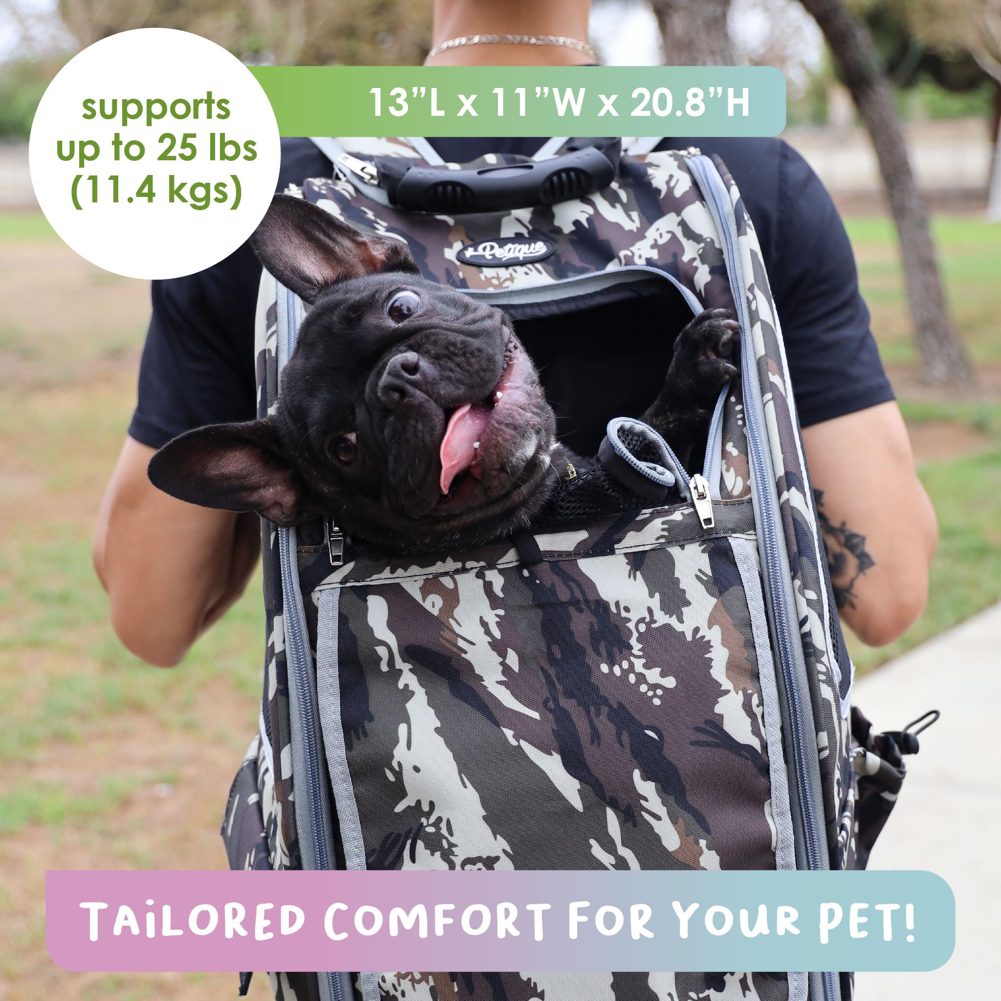 Petique 5-In-1 Pet Carrier, Features: Rolling, Top Handle, Backpack, Luggage Attachment, Car Seat All In One For Small To Medium Dog, Cat, Bunny, Supports Pets Up To 25Lbs - Army Camo