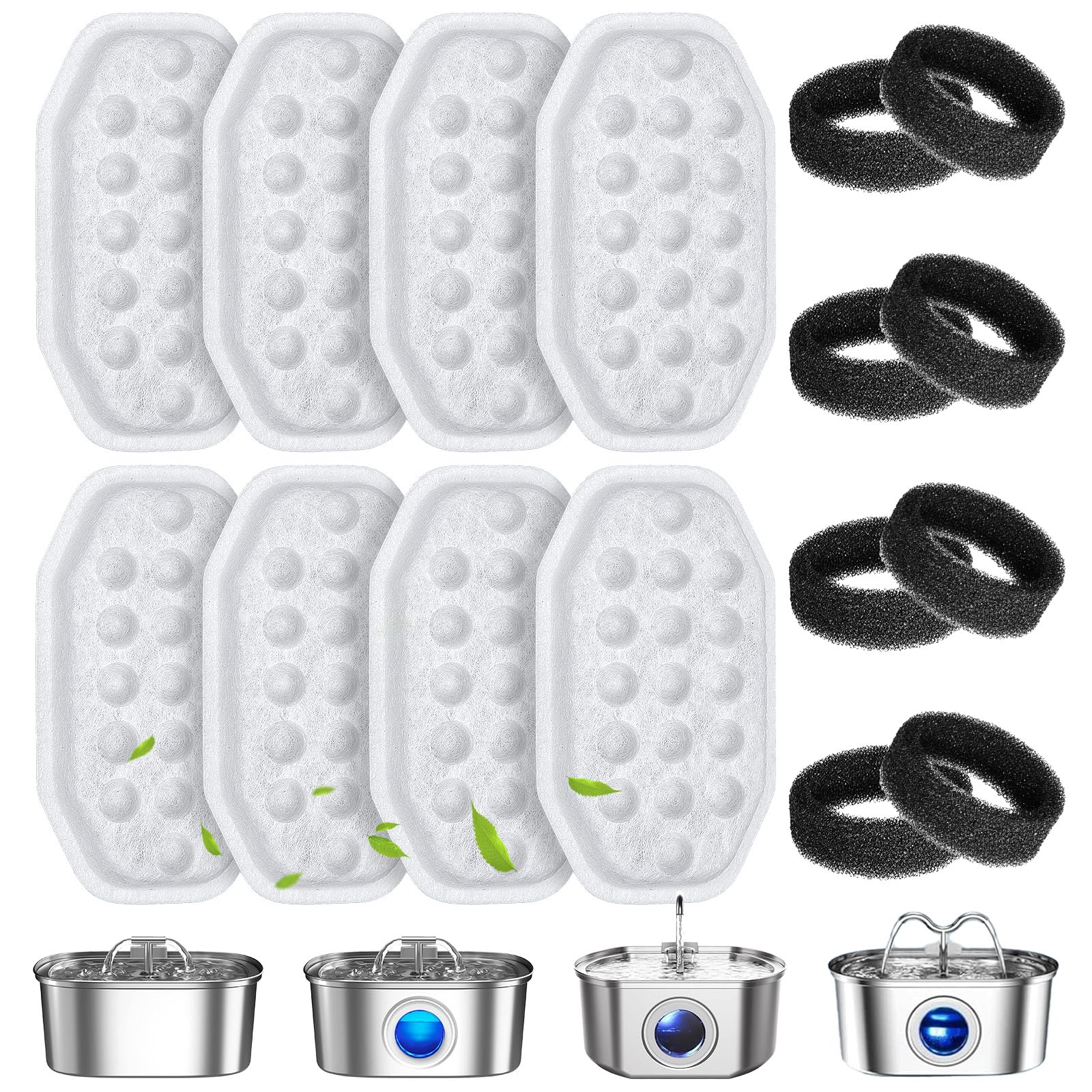 16 Pcs Cat Water Fountain Filters Replacement & Pre-Filter Sponges For 108Oz/3.2 Stainless Steel Pet Water Fountain With Water L