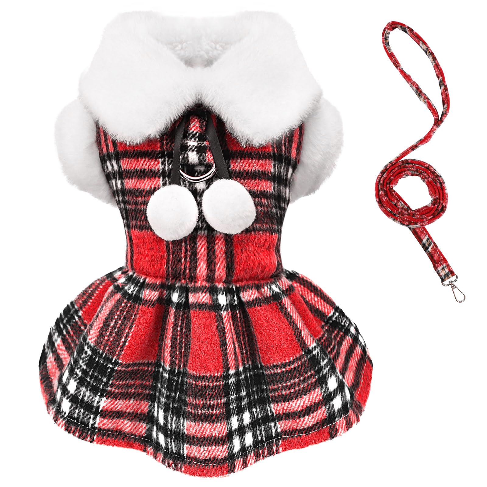 Red Plaid Dog Harness Dress And Leash Set, Fleece Pet Sweater For Small Dogs Girl, Fall Winter Warm Puppy Clothes With D Ring, W