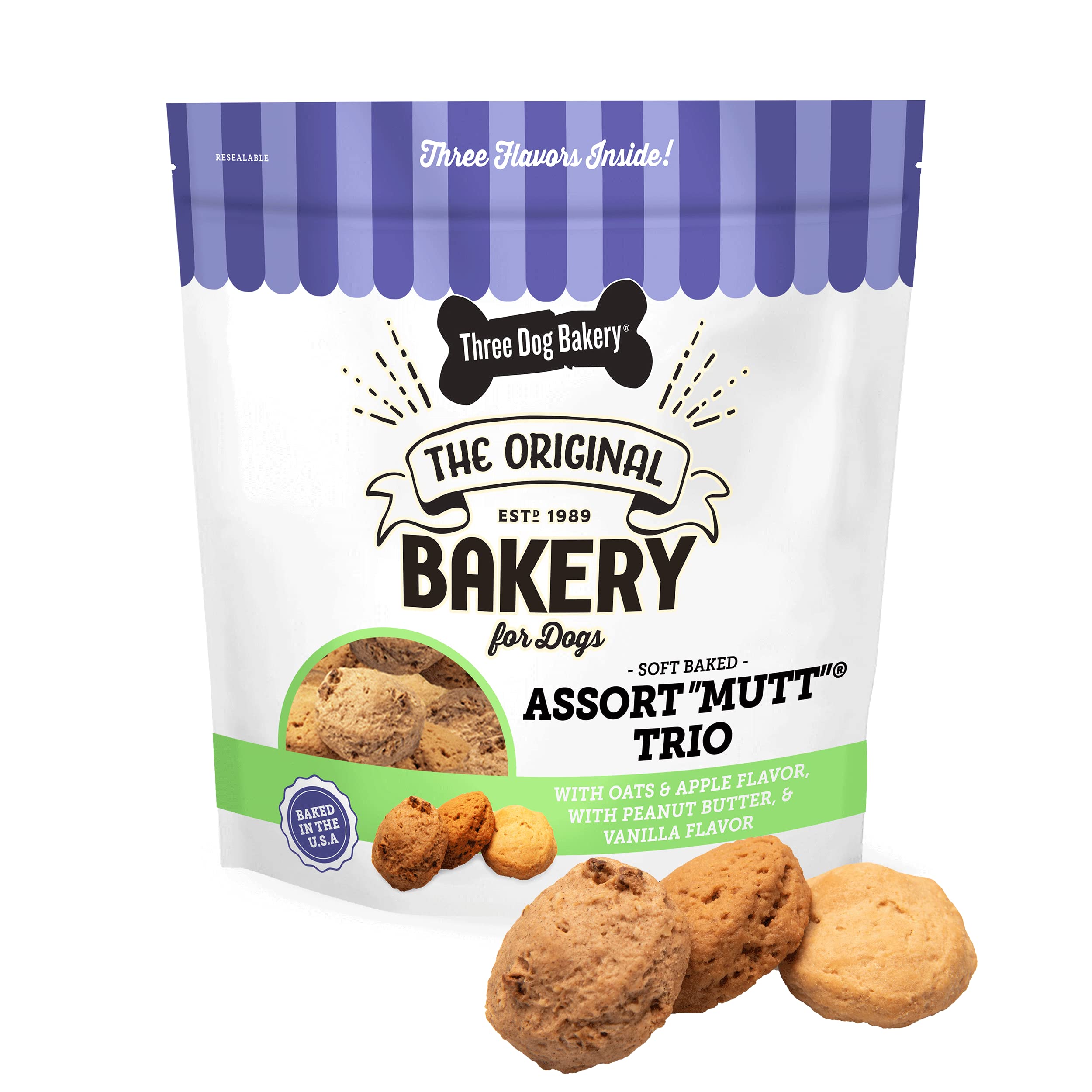 Three Dog Bakery AssortMutt Trio, 48oz - Delicious Dog Treats With Oats, Apple, Peanut Butter & Vanilla, Premium Dog Training Tr