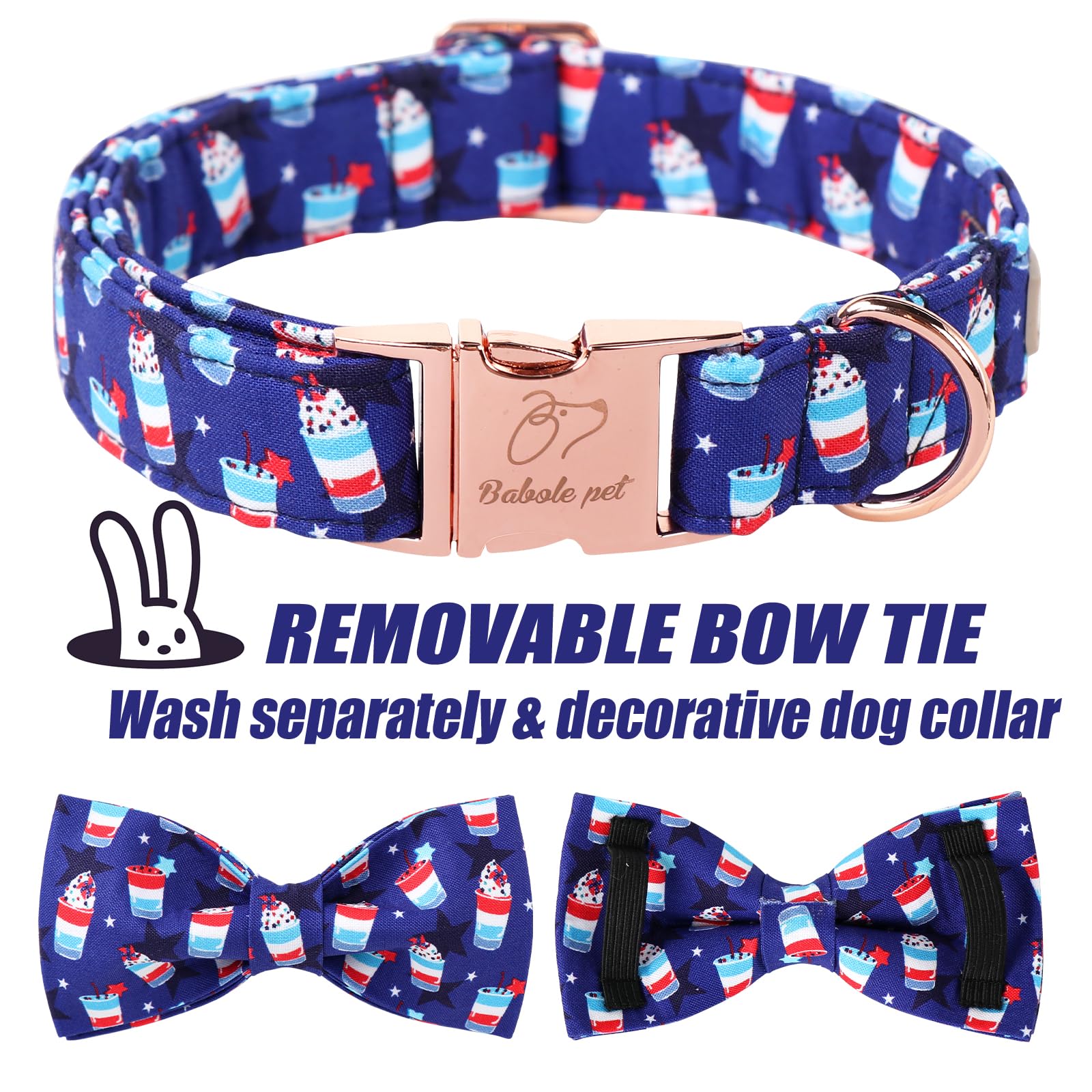 Babole Pet 4Th Of July Dog Collar With Bow Tie - American Flag Day Patriotic Dog Collars Blue Star Sundae Summer Bowtie Collar F