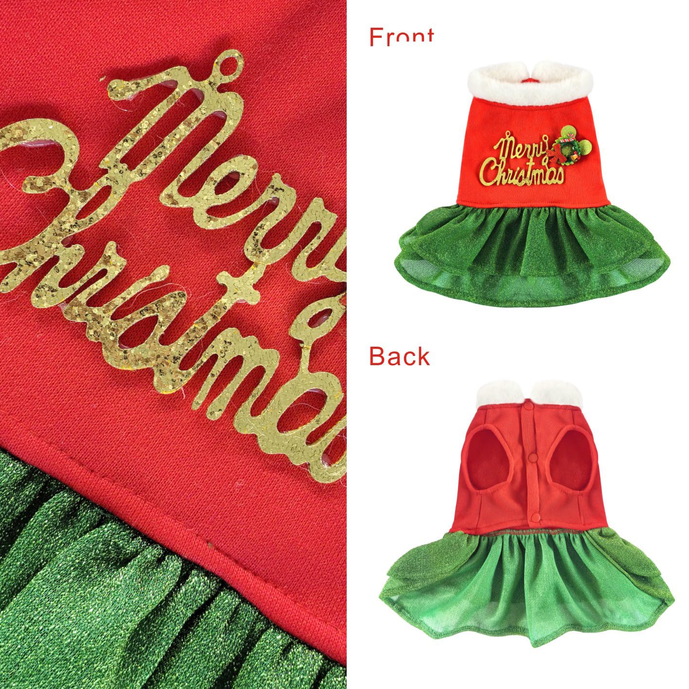 Otunrues Dog Christmas Dress - Merry Holiday Outfit For Small Pets, Cute Girl Costume, Fleece Clothes, Red & Green, Size L