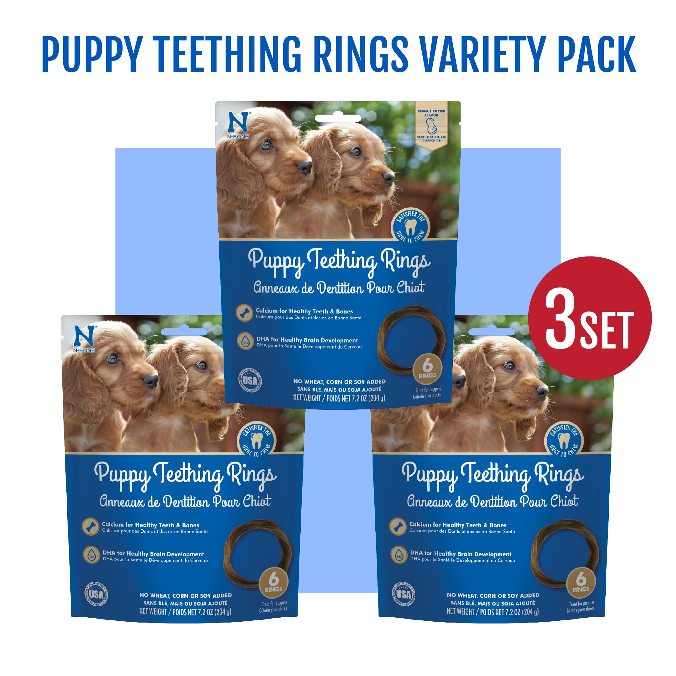 N-Bone Puppy Teething Rings Peanut Butter Flavor 6 Count Bag Multi Pack, Total 3 Bags, 21.6-oz (18 Rings)