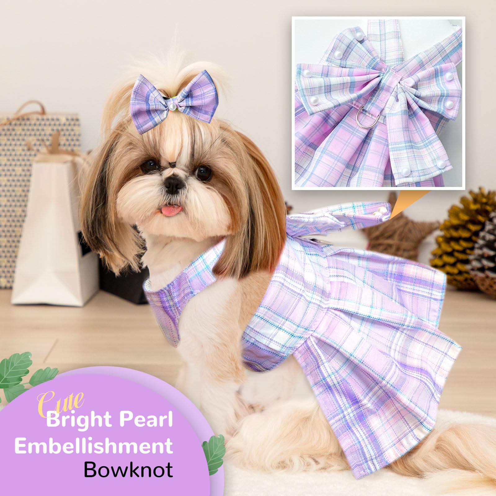 Petcare Cute Dog Dress Clothes For Small Dogs Cats Girl Female Purple Plaid Bow Tie Dog Harness Dresses Leash Set With Pearls Bo