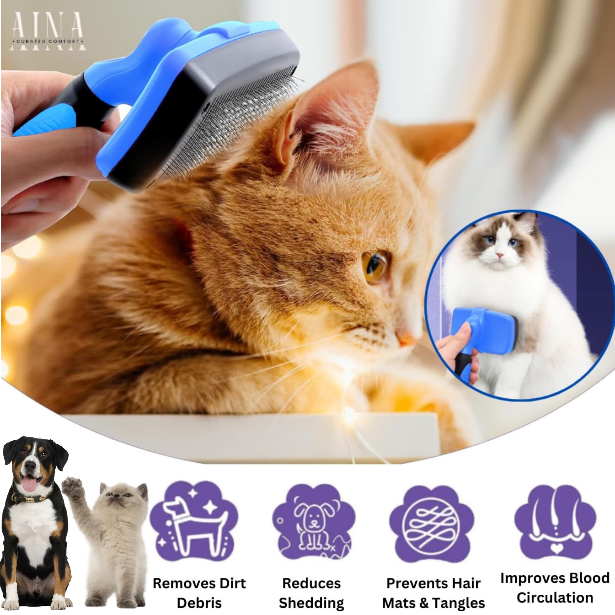 Aina Self-Cleaning Pet Grooming Brush | Pet Slicker Brush For Dogs & Cats Detangling & Fur Removal With Click Clean Button | Eff