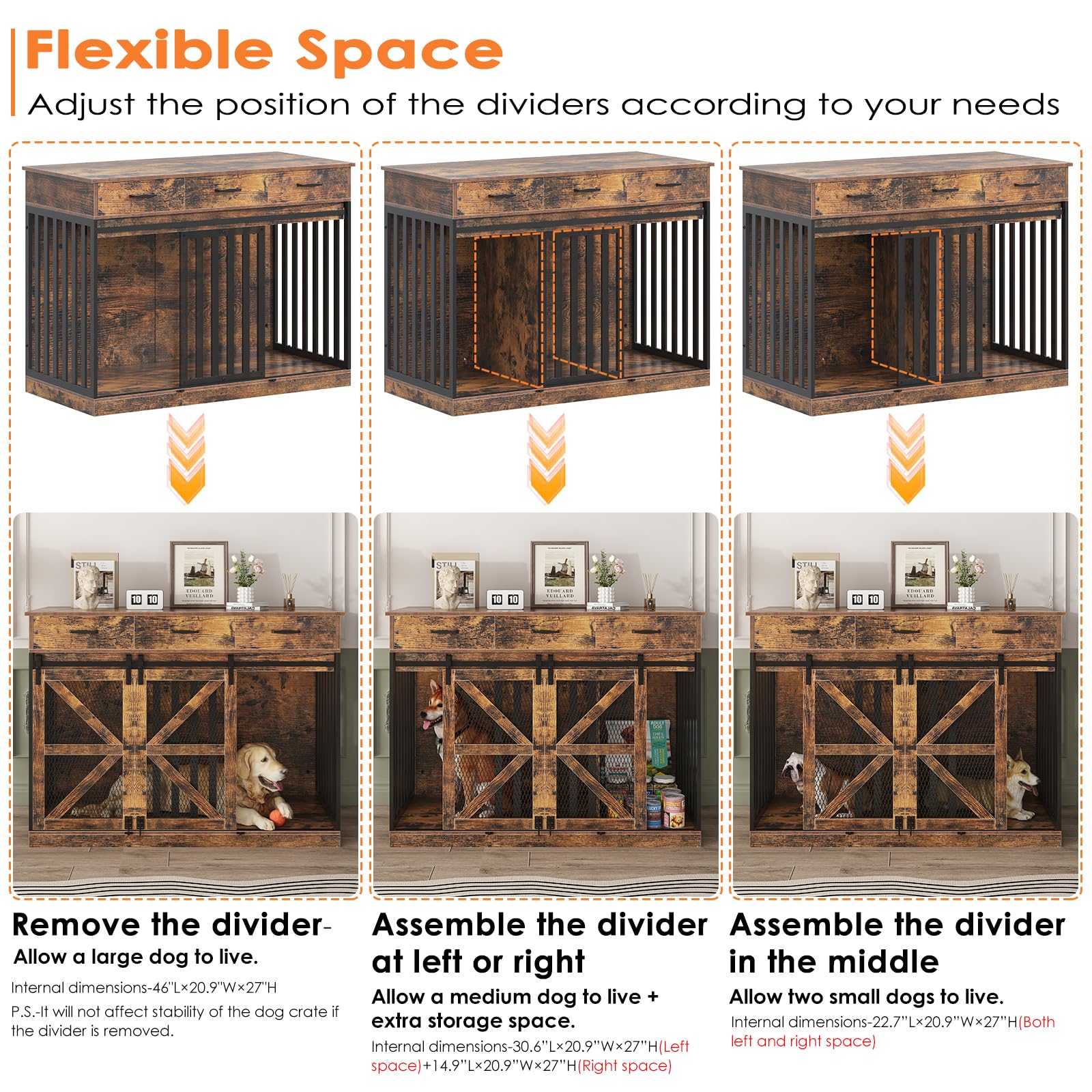 Saudism 2-in-1 Farmhouse Dog Crate Furniture - Wooden Large Dog Kennel with Drawers Storage - Double Doors - Indoor TV Stand - I