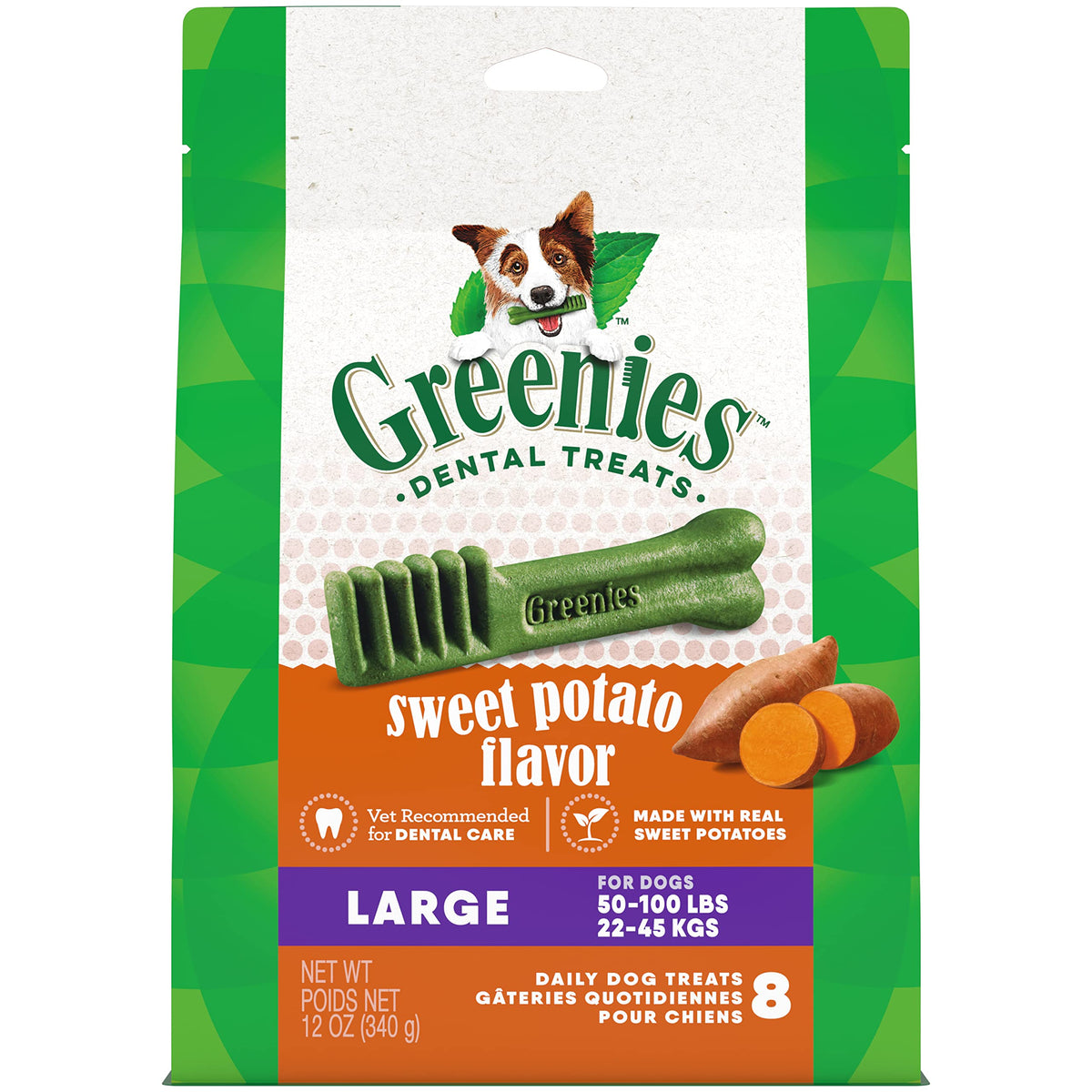 Greenies Large Natural Dog Dental Treats, Sweet Potato Flavor, 12 Oz. Pack (8 Treats)