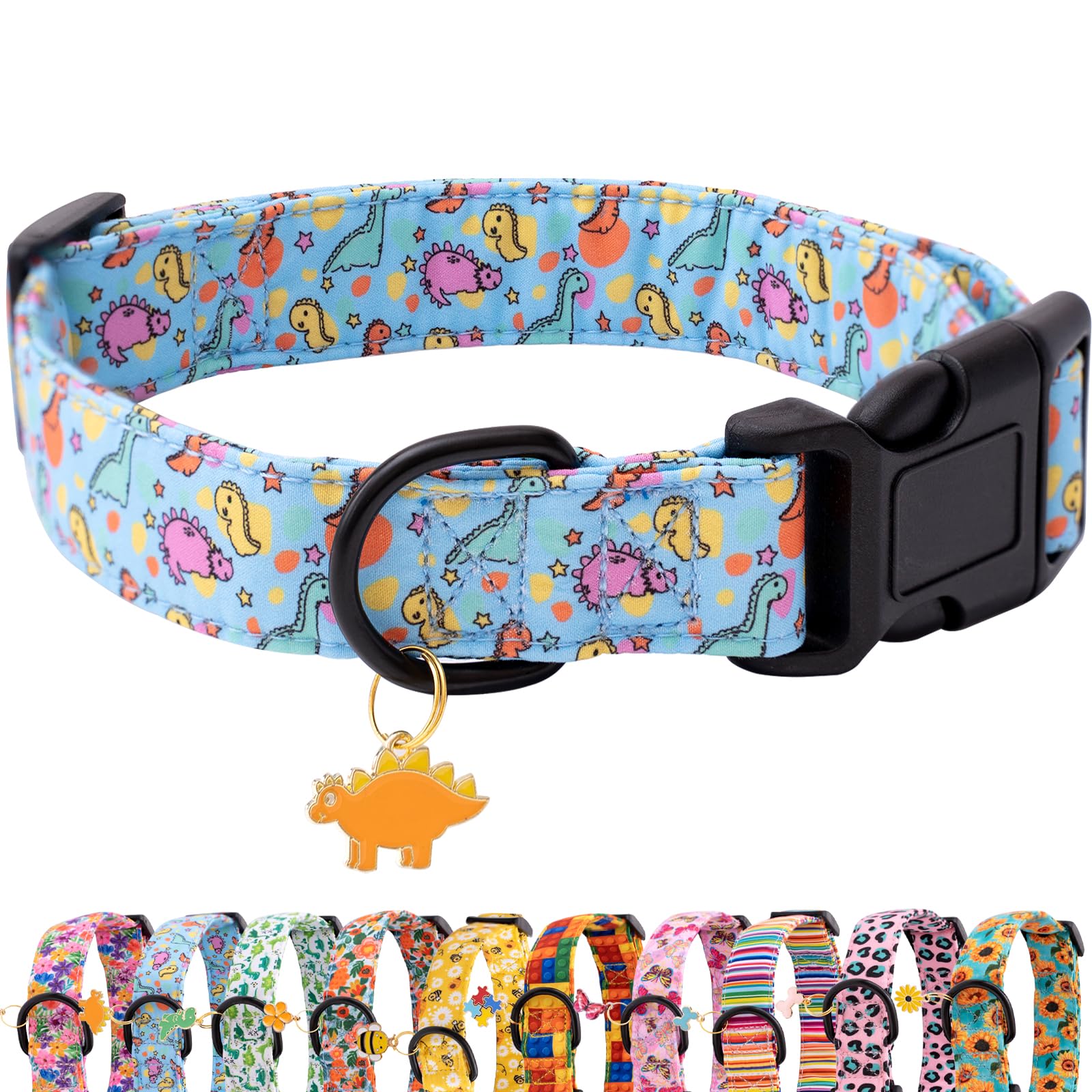 Faygarsle Dog Collar For Small Medium Large Dogs Cute Blue Puppy Collars For Male Dogs Dinosaur Patterned Pet Collars For Summer