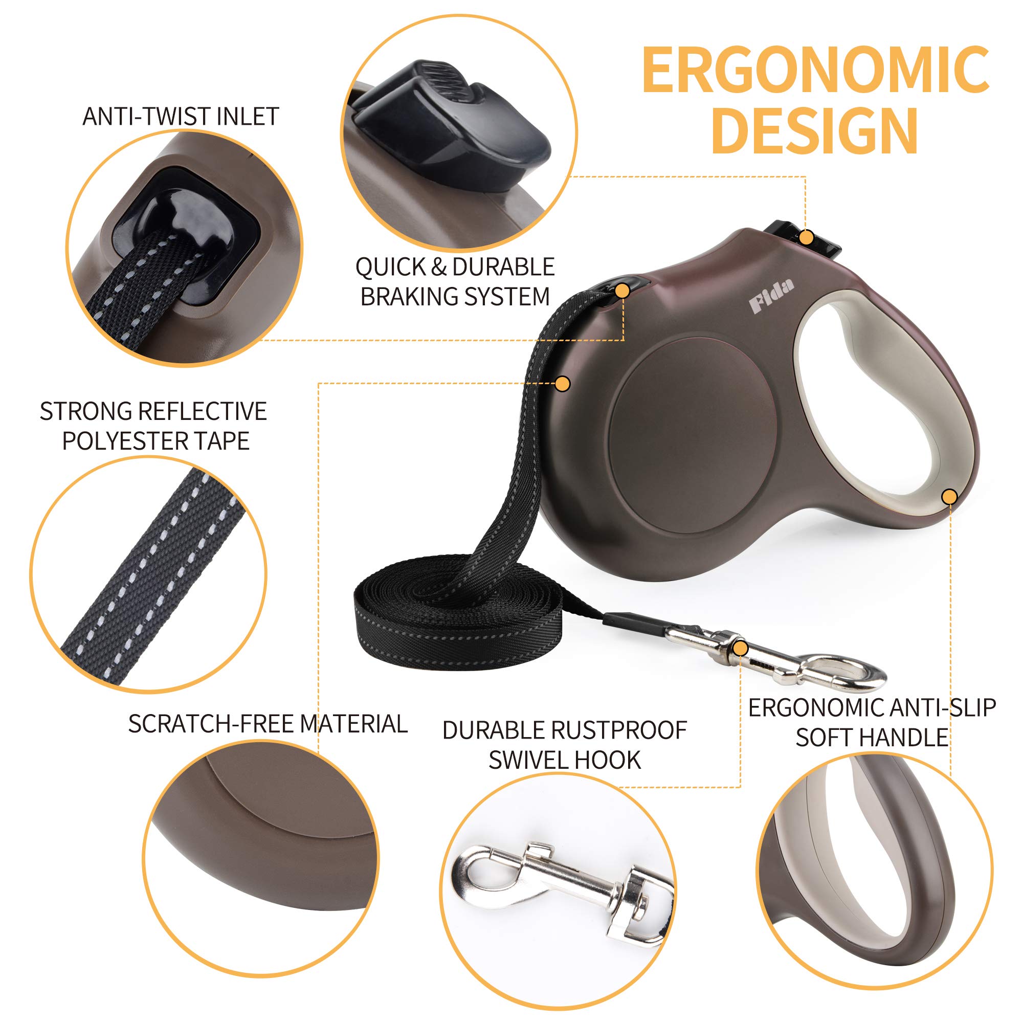 Fida Retractable Dog Leash - 16ft Tangle-Free Walking Leash for Small Dogs (up to 26lbs) - Coffee/Brown, Resin Material