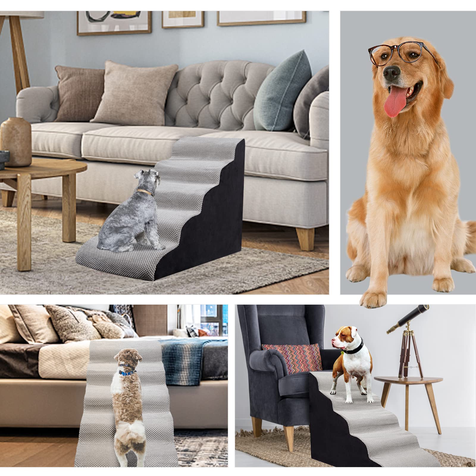 Foam 5 Tier Dog Steps&Stairs For High Beds 24.4 Inches High, Tall Extra Wide Pet Stairs/Steps For High Beds/Bedsides,Non-Slip Do
