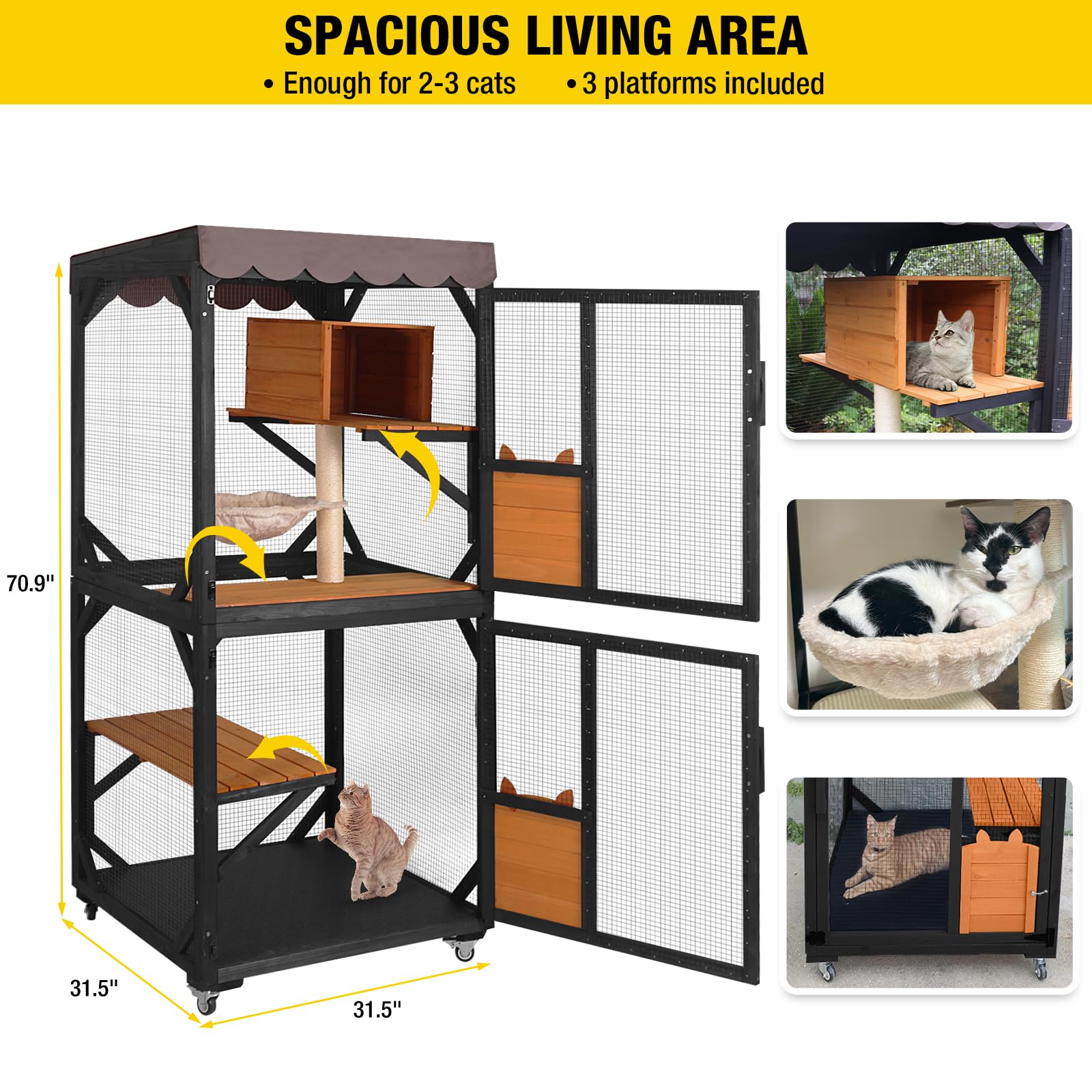 Aivituvin Outdoor Catio Cat Enclosures On Wheels Cat House 70.9'' Large Kitty House With Upgraded Resting Box,Waterproof Roof Co