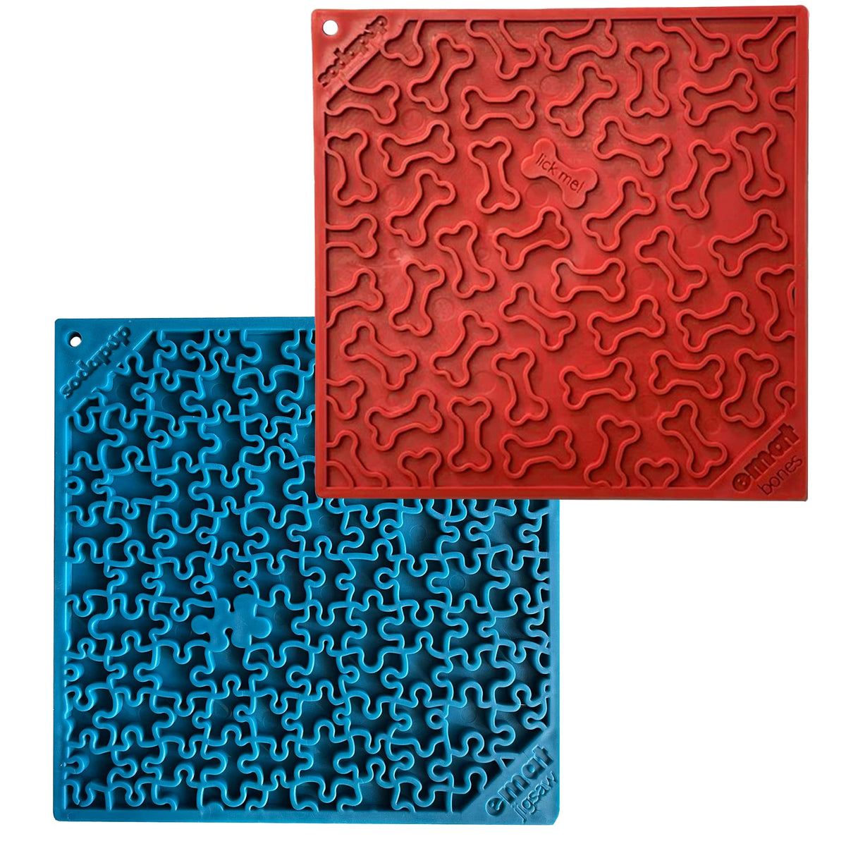 Sodapup Red Bones & Blue Jigsaw Emat Bundle – Durable Lick Mat Feeder Made In Usa From Non-Toxic, Pet-Safe, Food Safe Rubber For Avoiding Overfeeding, Digestive Health, Calming, & More