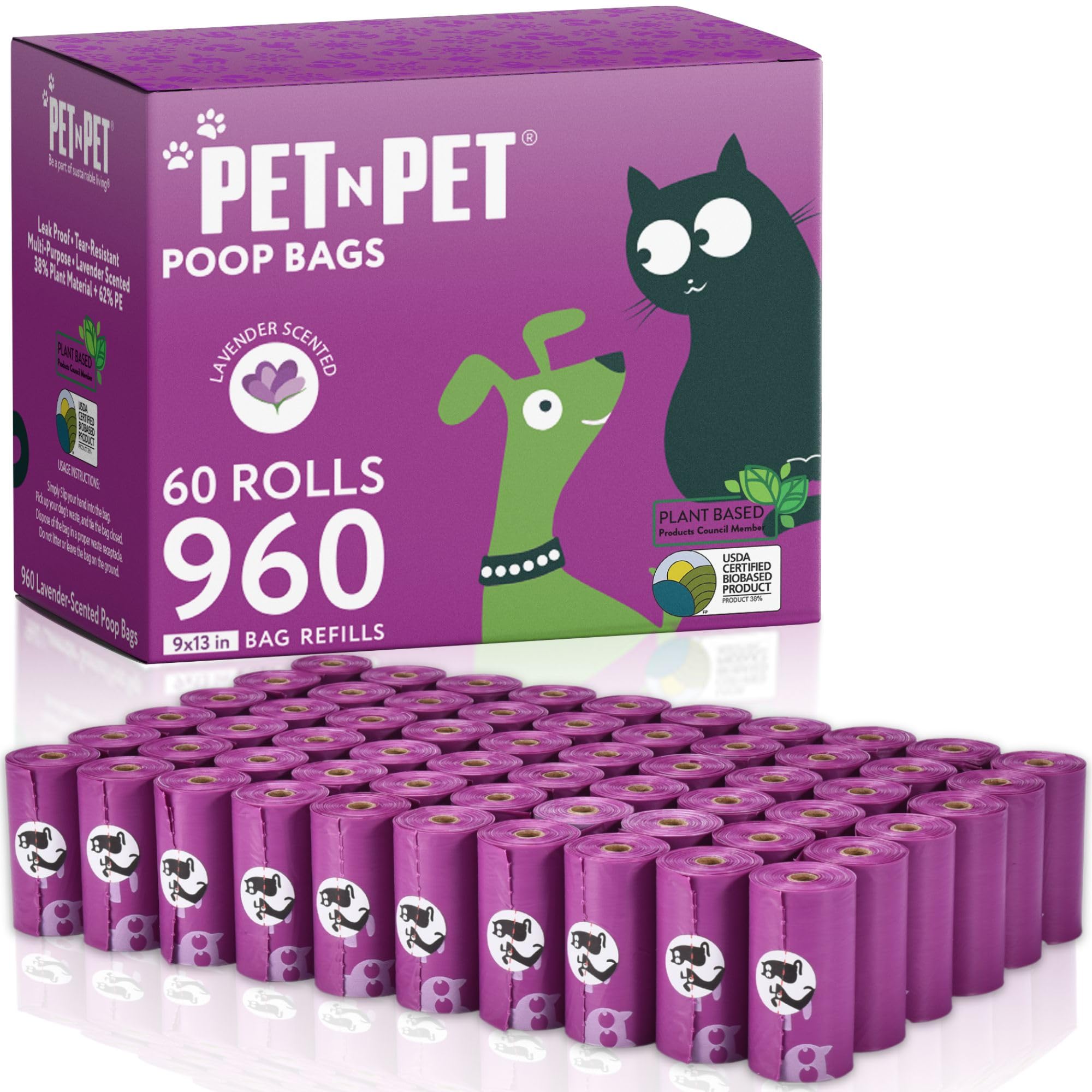 Pet N Pet Poop Bags For Dogs, 960 Counts Lavender Scented Dog Poop Bags Rolls, Usda Certified 38% Plant Based & 62% Pe Dogs Wast