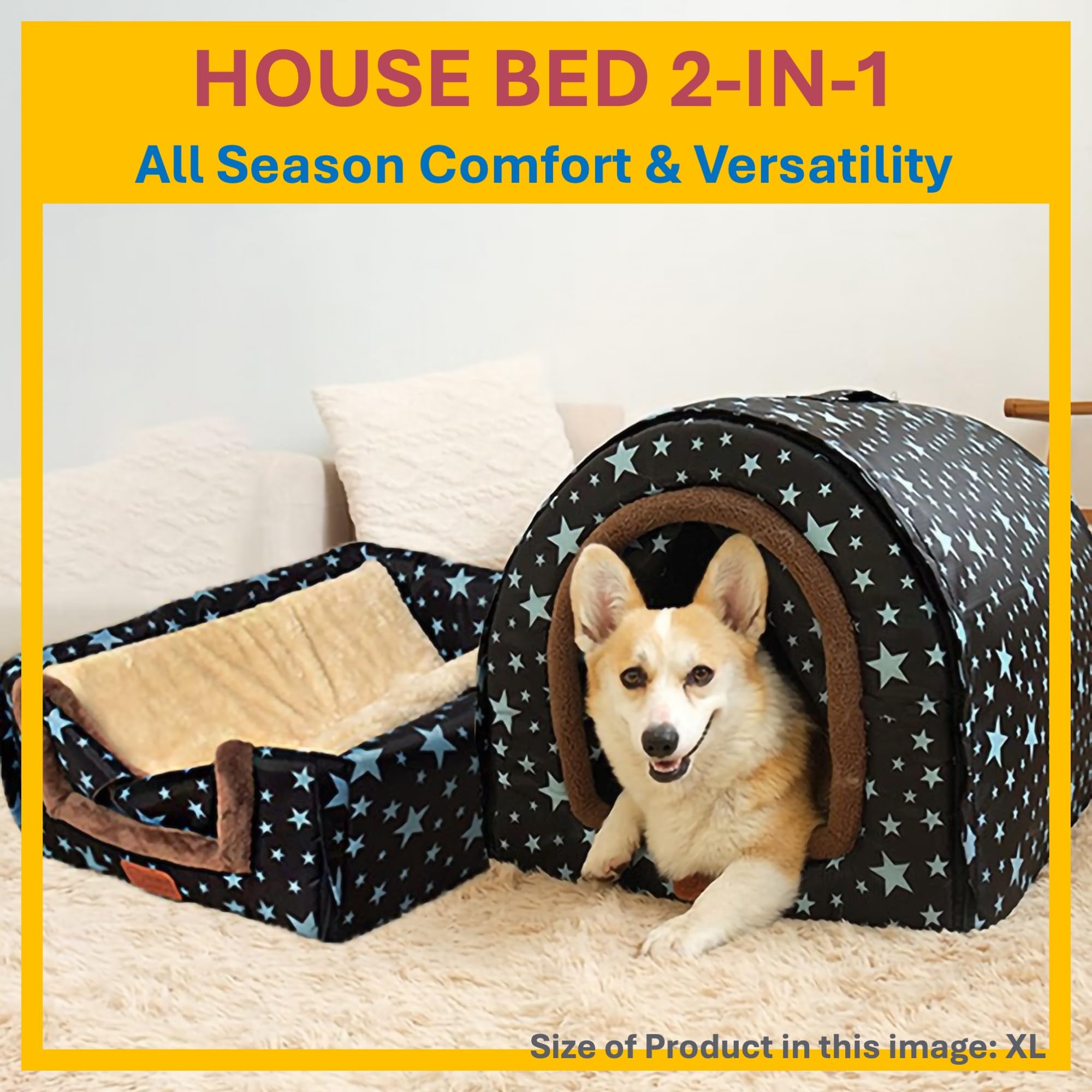2 In 1 Extra Large Pet Winter House Convertible To Bed With Warm Cushion Mat, 2 Way Indoor Outdoor Portable Dog Kennel, Removabl