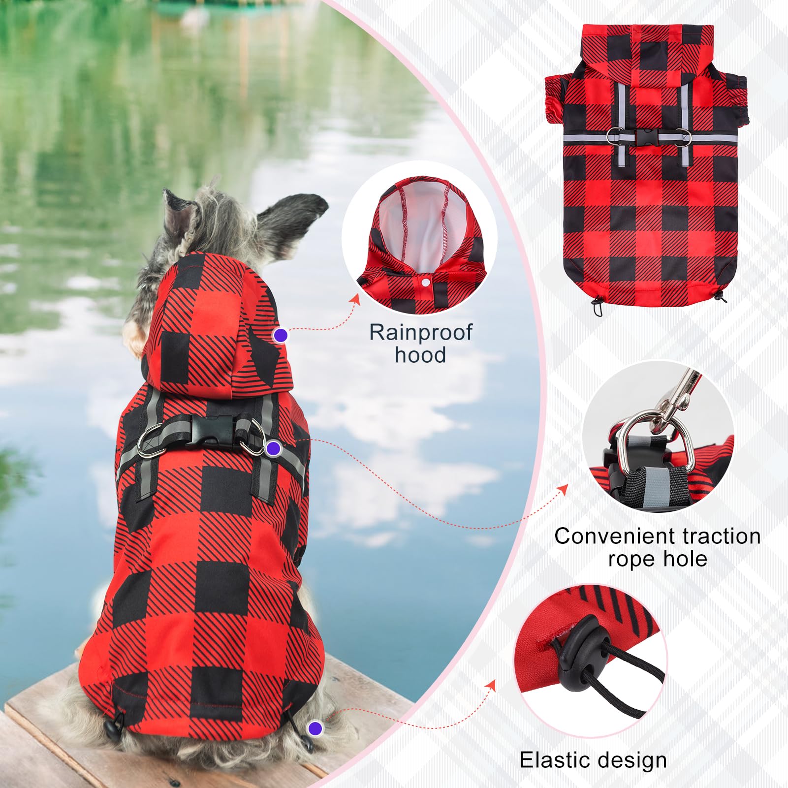 Beautyzoo Hooded Dog Raincoat With Built-In Harness, Jacket Poncho, Waterproof Winter Coat - Buffalo Red, Xs