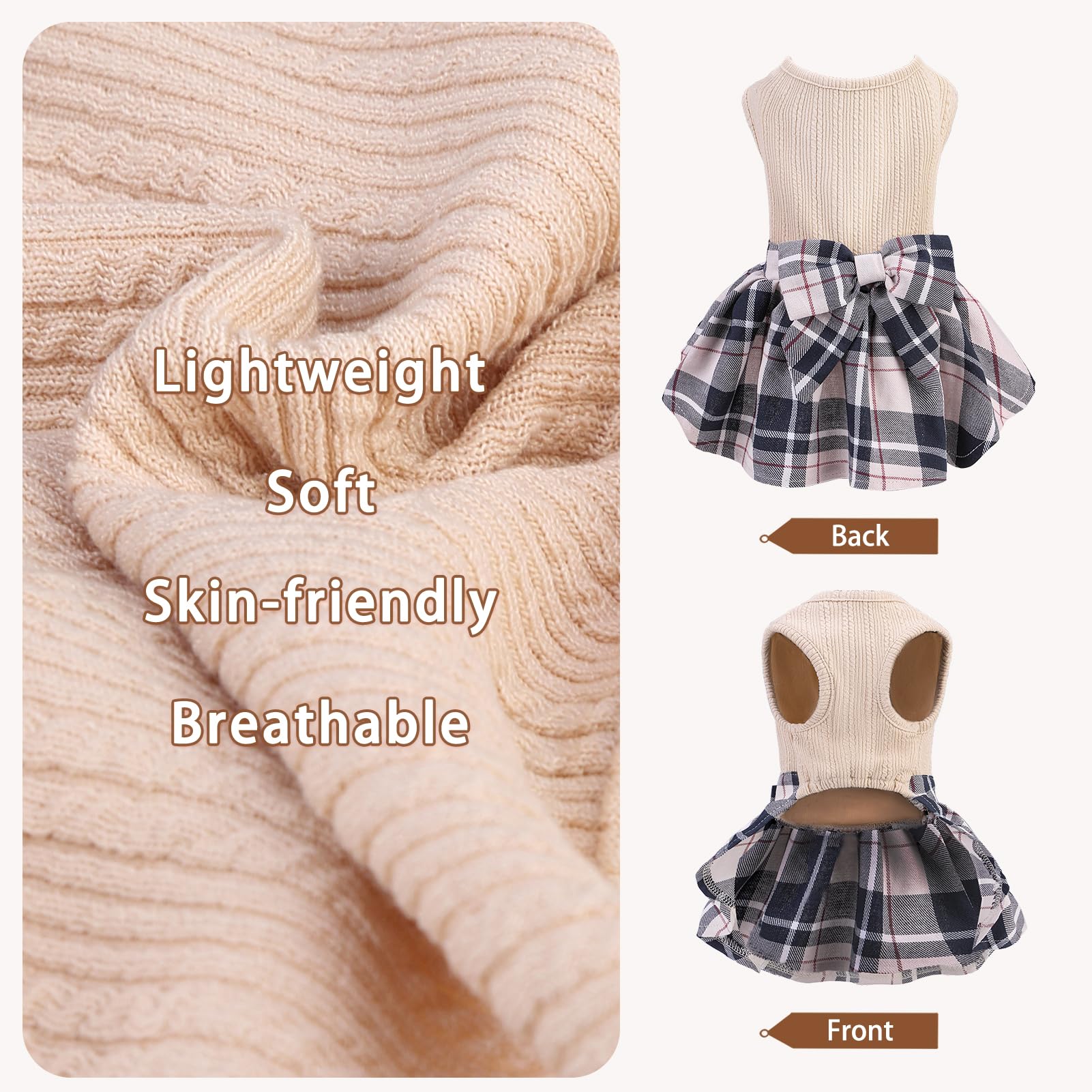 Pupteck Classic Plaid Dog Dress Pet Apparel With Cute Bowtie Puppy Clothes Outfit,Cream,S