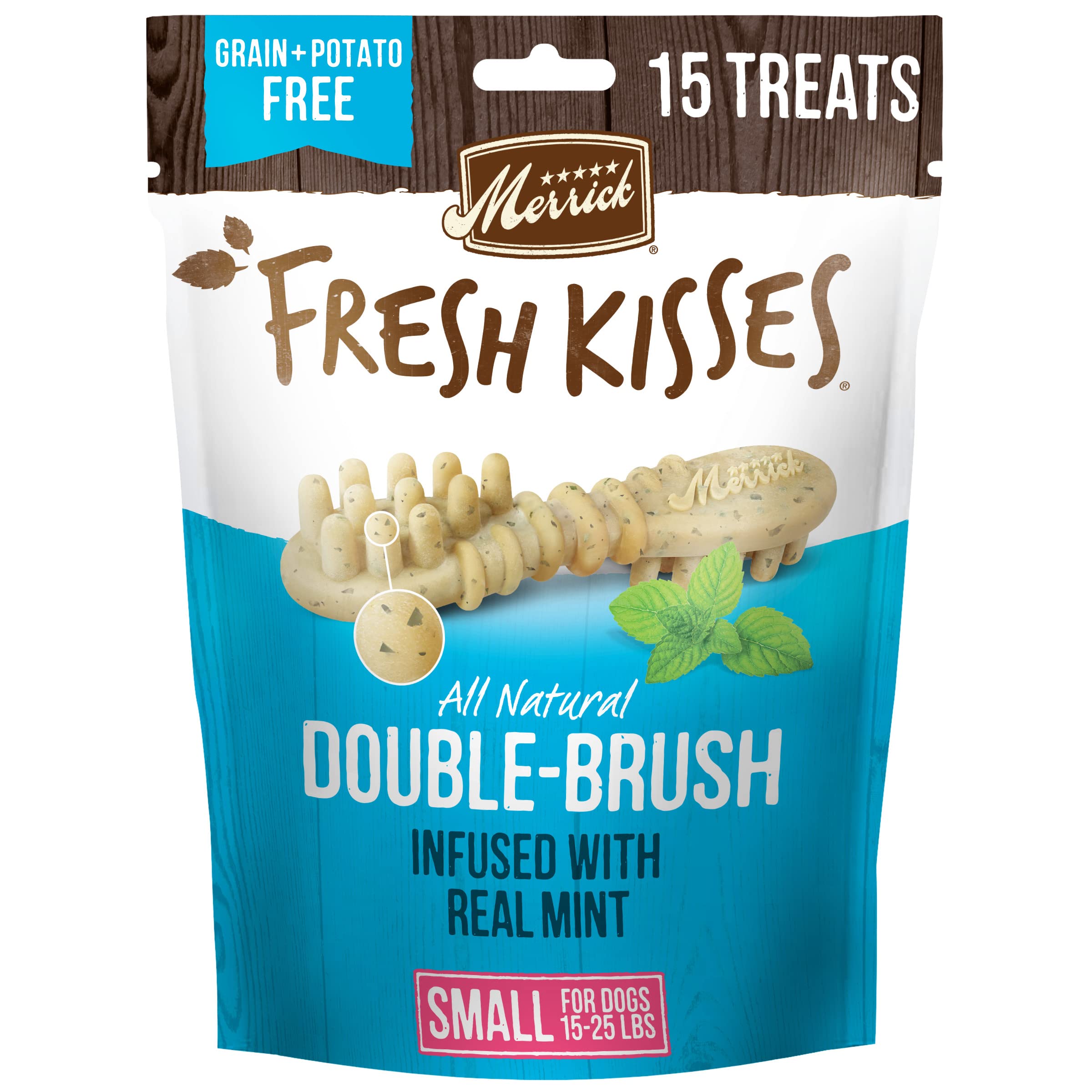 Merrick Fresh Kisses Natural Dental Chews, Toothbrush Treat Shape Infused With Real Mint, Small Dogs 15-25 Lbs - 15 ct. Bag