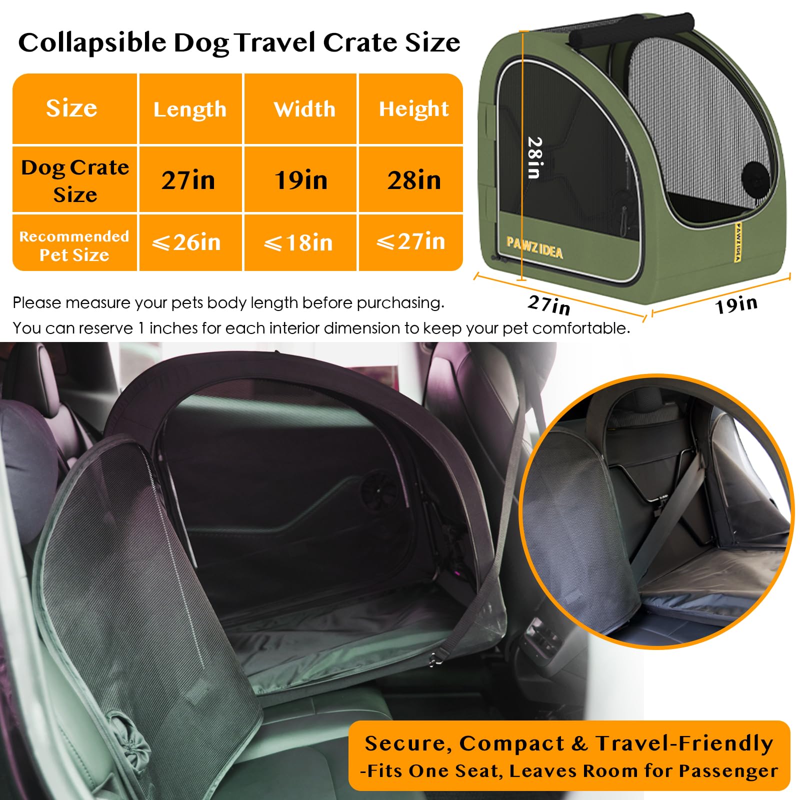 Pawzidea Collapsible Dog Travel Crate, Portable Pet Crate For Car, Soft-Sided Dog Kennel For Medium Large Dogs, Pop-Up Metal Fra