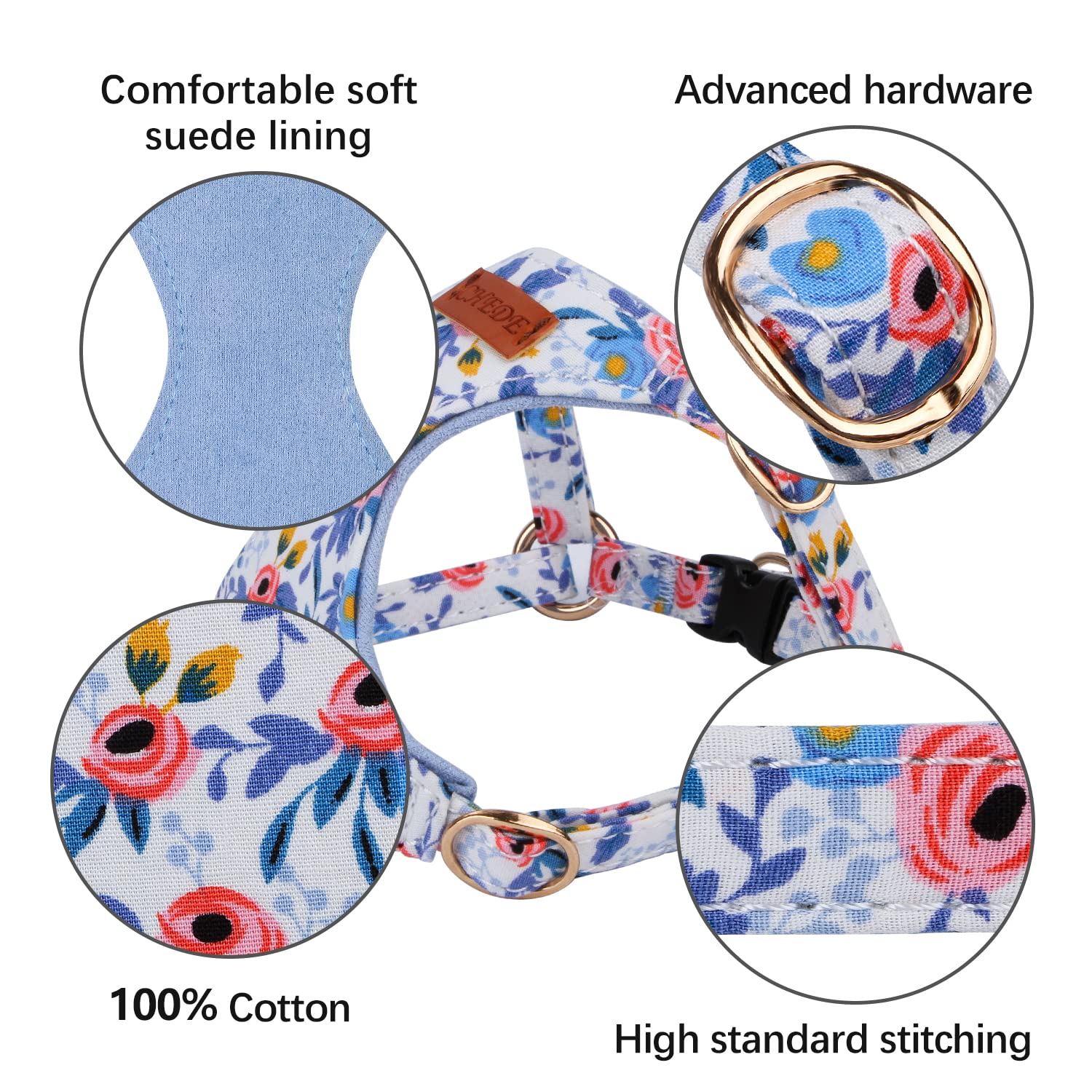 Chede No Pull Floral Pattern Dog Harness- Lightweight And Soft Dog Harness, Adjustable Small Dog Harness And Leash Set, With Dog Leash, Suitable For Puppy Small And Medium-Sized Dog (M, Blue Rose)