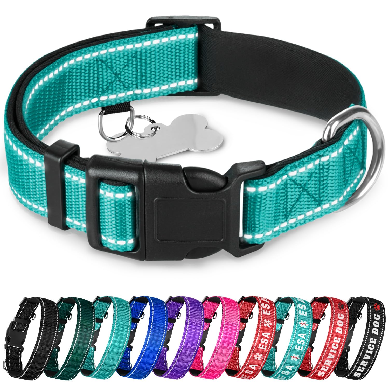 Teceum Reflective Pet Collar - Teal - S - Extra Soft Padding - Basic Nylon Dog Collar - Quick Release Buckle - Fits Small, Mediu