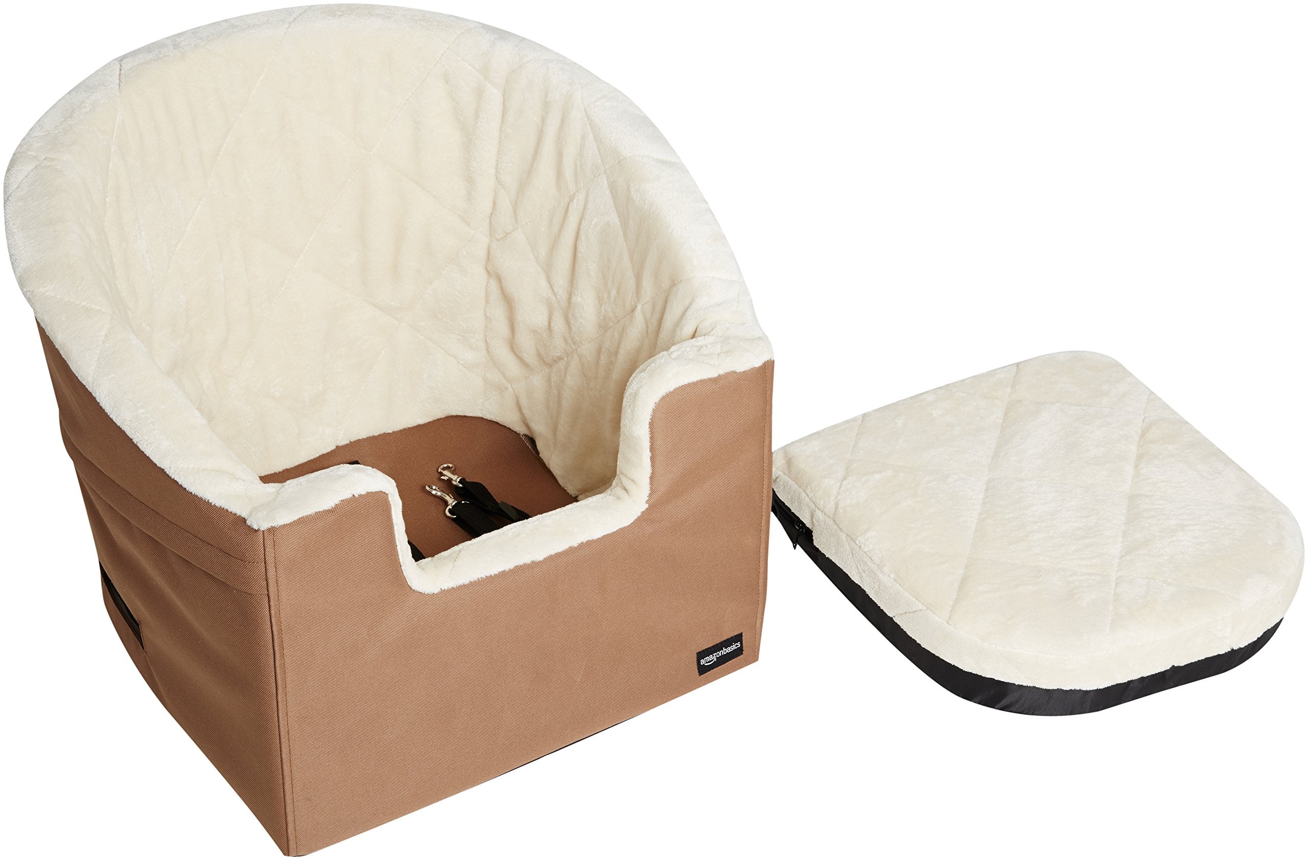 Amazon Basics Pet Car Booster Bucket Seat for Small Pets up to 25lbs, Machine Washable Cover, Clip-On Safety Leash, 18 x 18 x 16
