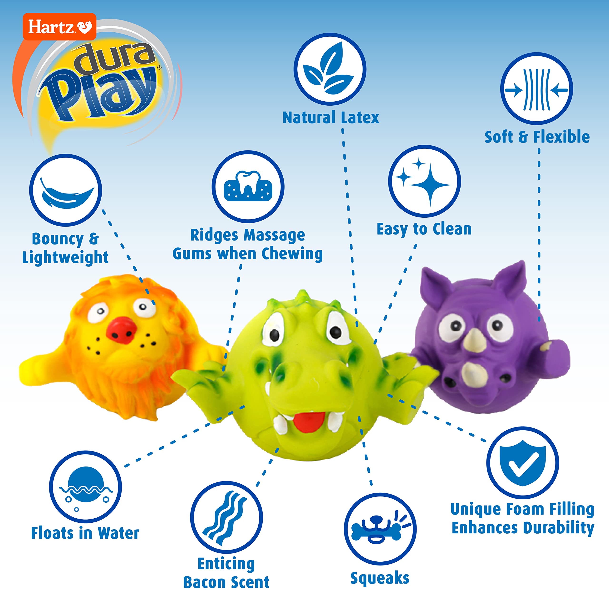 Hartz Dura Play Zoo Balloons Squeak Dog Toy - 3 Count, Purple, Yellow & Green, Fun & Durable Pet Toy for Interactive Play