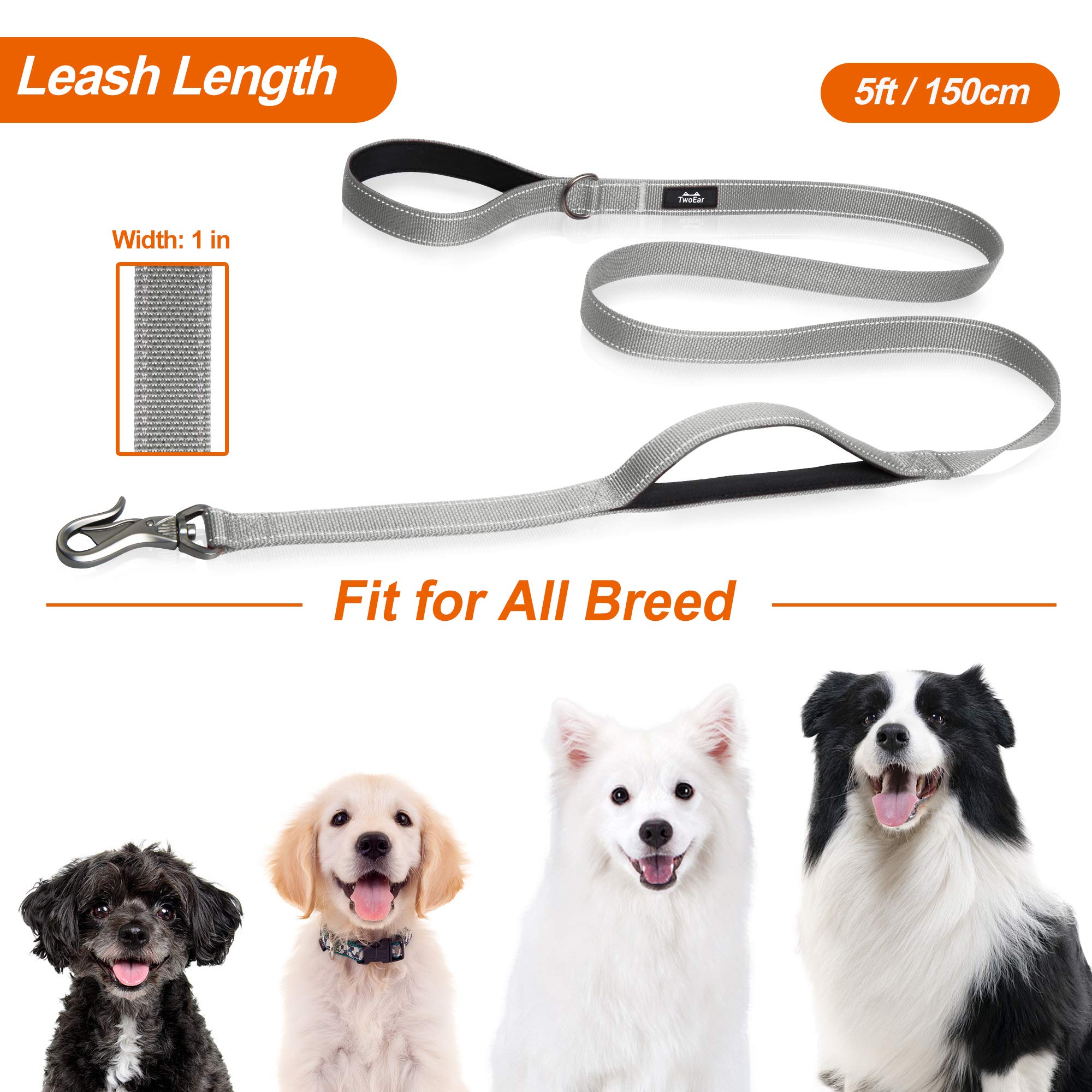 Twoear 5Ft 1In Strong Gray Dog Leash With 2 Padded Handles, Traffic Handle Extra Control, Comfortable Soft Dual Handle, Auto Lock Hook, Reflective Walking Lead For Small Medium And Large Dogs
