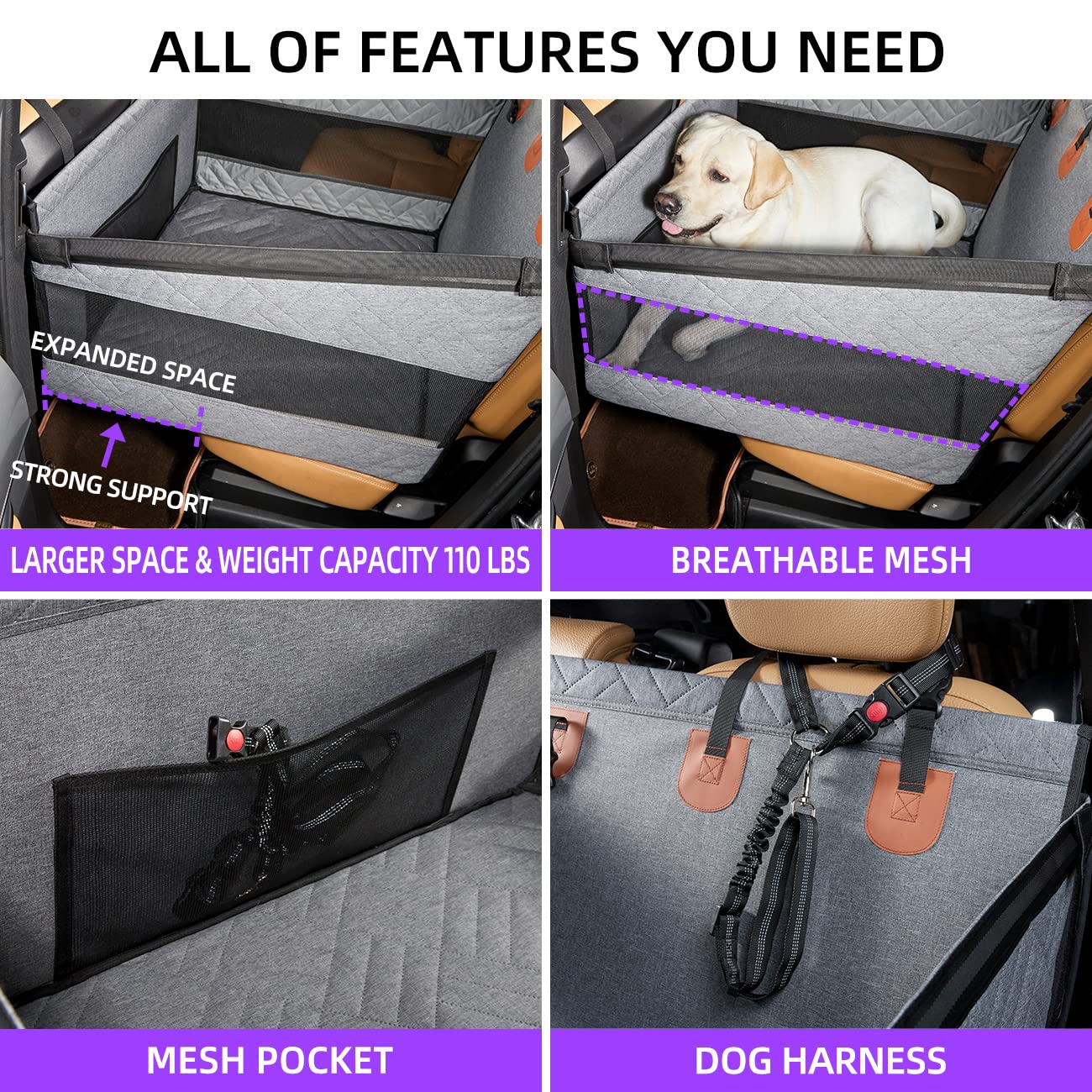 TKYZ Large Dog Car Seat,Back Seat Extender for Dogs,Waterproof Medium Dog Seat Cover for Backseat, Pet Bed for Car Hammock(Grey-