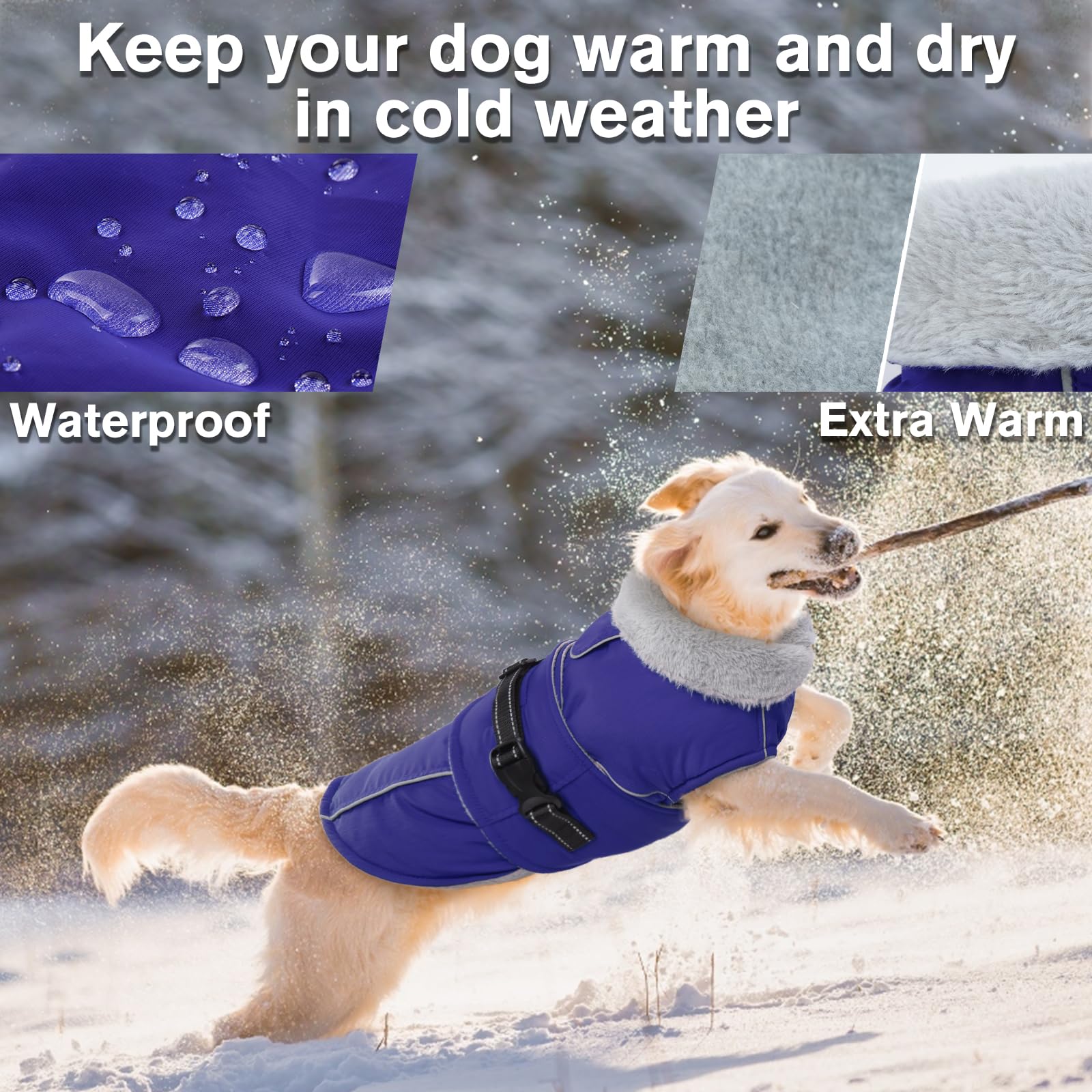 LeLePet Warm Dog Coat, Waterproof Fleece Vest for Cold Weather, Adjustable Buckle, XXXL, Blue