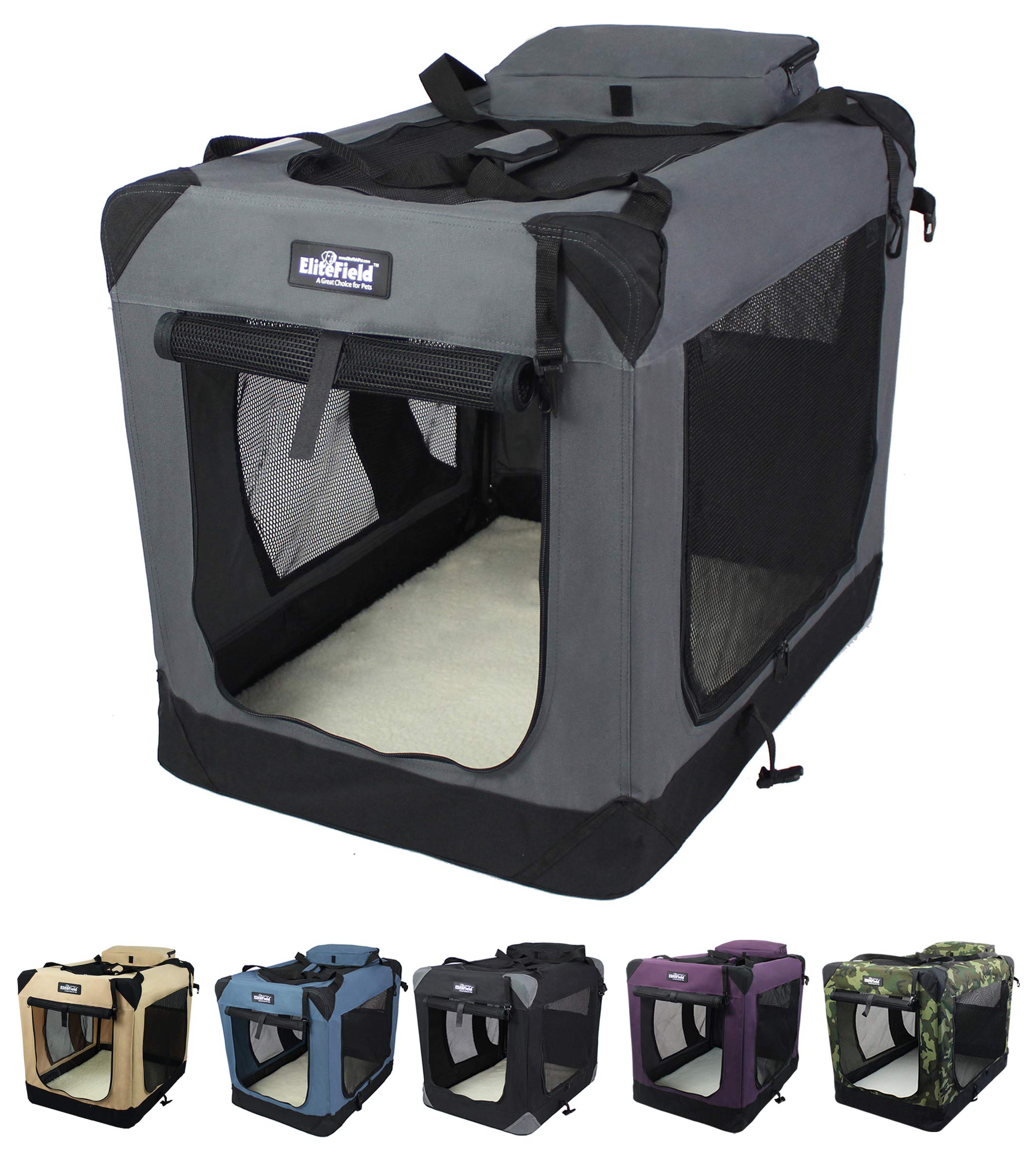 EliteField 3-Door Folding Soft Dog Crate with Carrying Bag and Fleece Bed (2 Year Warranty), Indoor & Outdoor Pet Home (36 L x 2