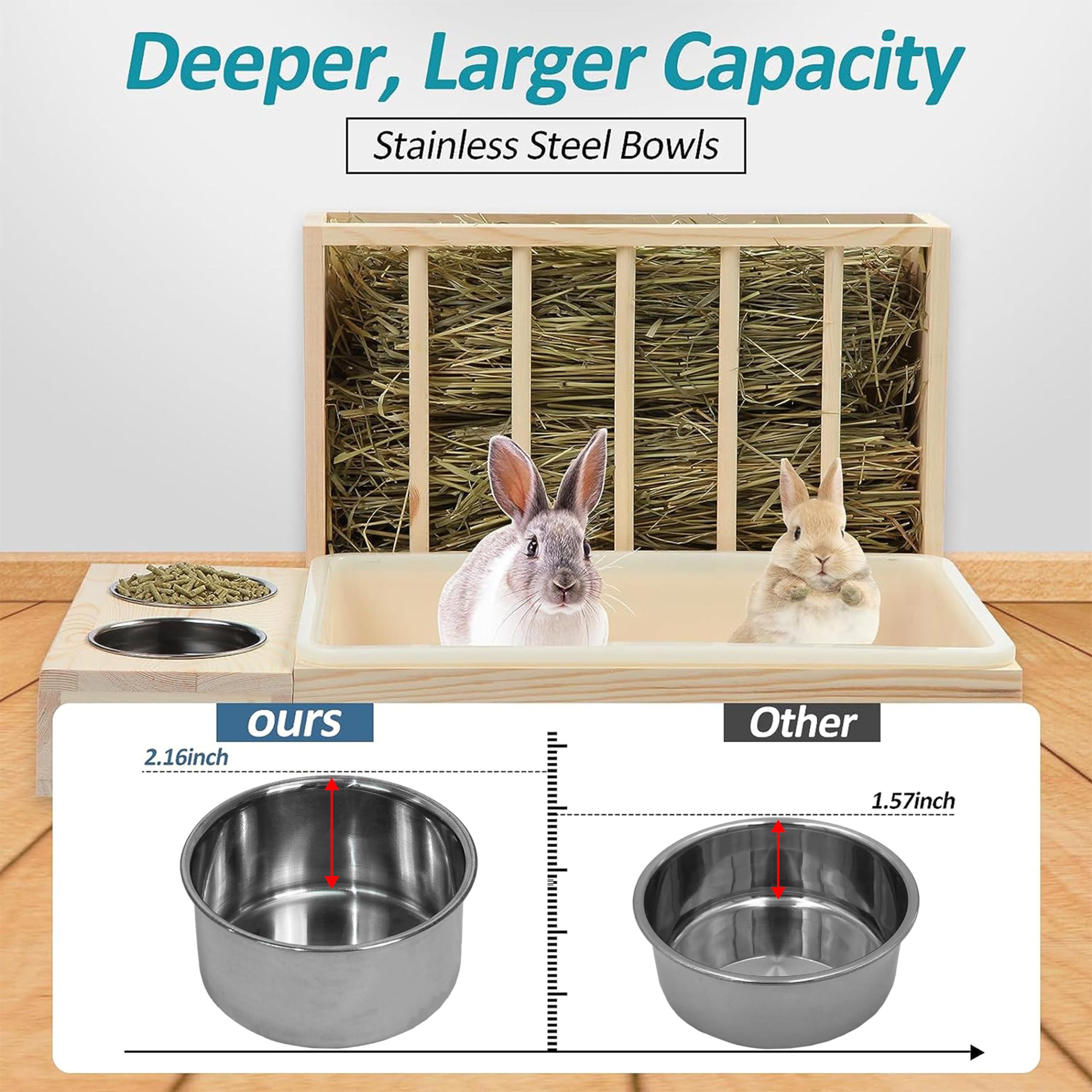 MOBYKE 3 in 1 Rabbit Hay Feeder with Litter Box, Wood, Mess Proof, for Guinea Pig, Chinchillas, Hamster, Dwarf Rabbit