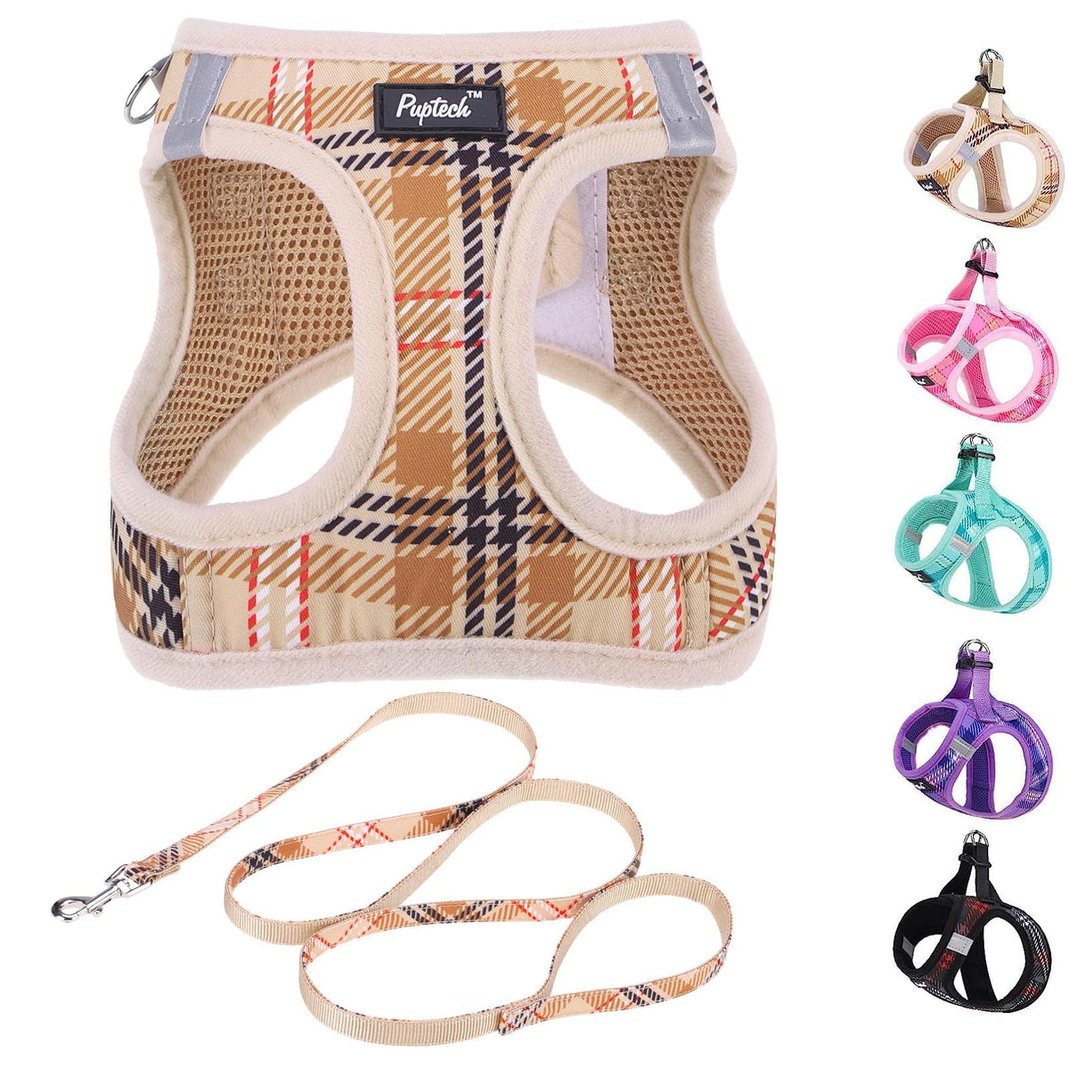Pupteck Dog Harness And Leash Set For Small Medium Dogs No Pull Step-In Soft Mesh Puppy Cat Vest Harnesses Reflective At Night, Plaid Pattern Beige M