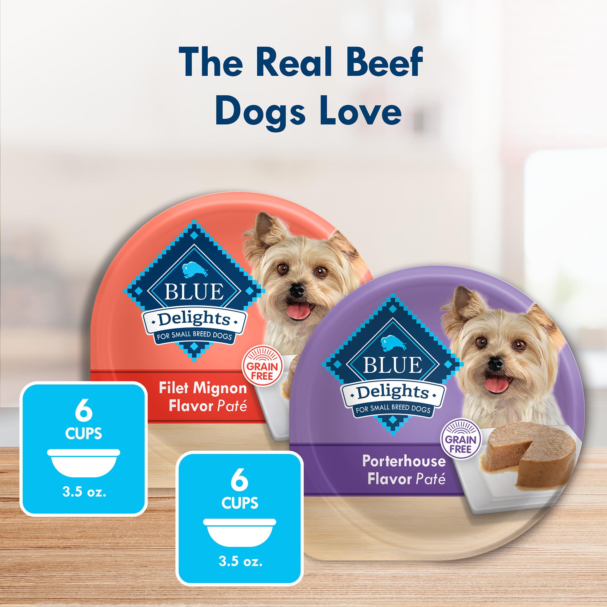 Blue Buffalo Delights Natural Adult Small Breed Wet Dog Food Cups, Pate Style, Filet Mignon and Porterhouse 3.5-oz (12 Pack- 6 o