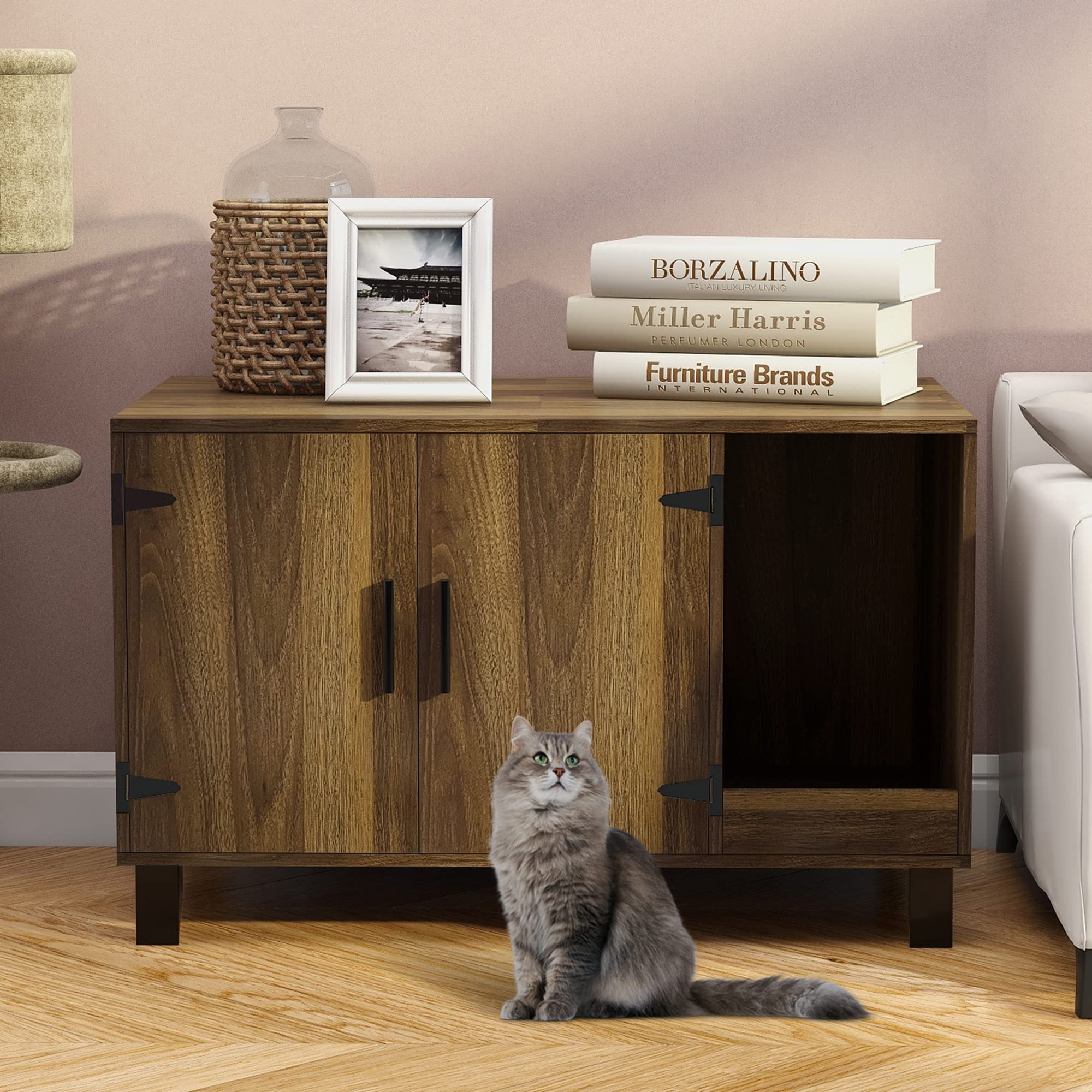 Taohfe Litter Box Enclosure Cat Litter Box Furniture Hidden With Cat Scratch Pad Decorative Farmhouse Wooden Hidden Litter Box Cat House Litterbox Furniture Cat Box Furniture Litterbox Cabinet